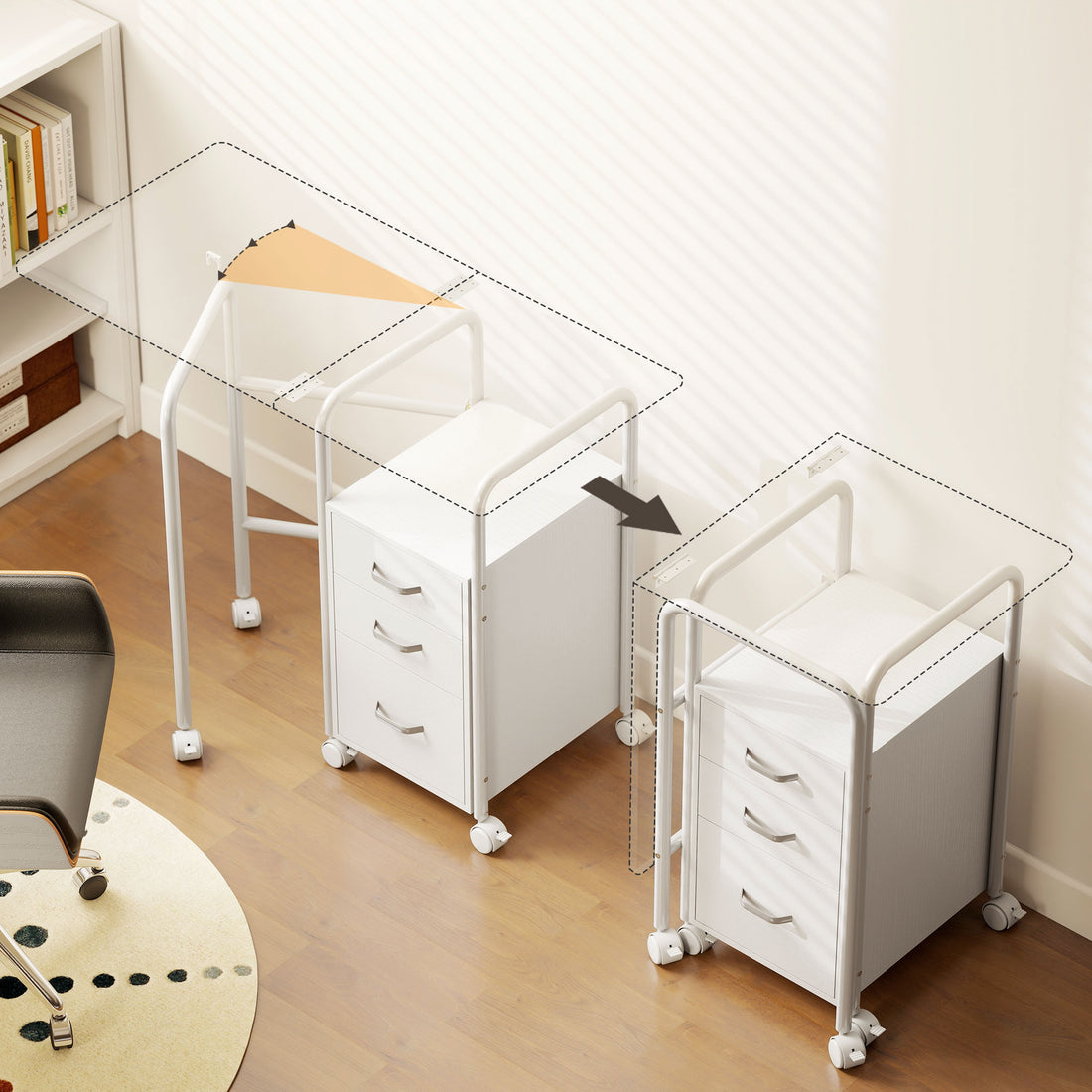 HOMCOM 105 x 51 cm Foldable Office Deskwith 3 Drawers, Extendable Top, Wheels, White