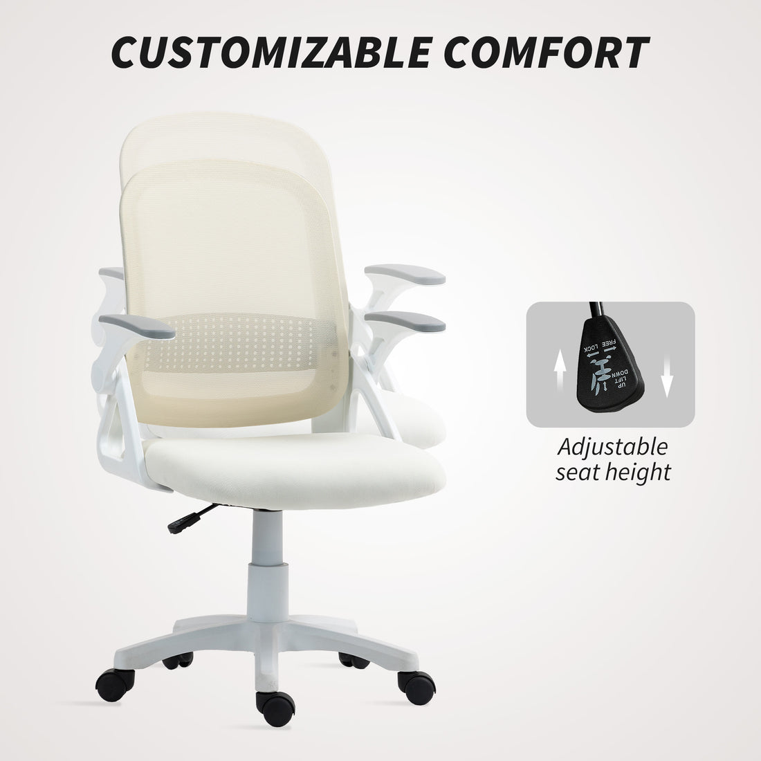 HOMCOM Breathable Mesh Office Chair, Ergonomic Swivel Computer Chair with Flip-up Armrests, Lumbar Back Support for Home/Office, White