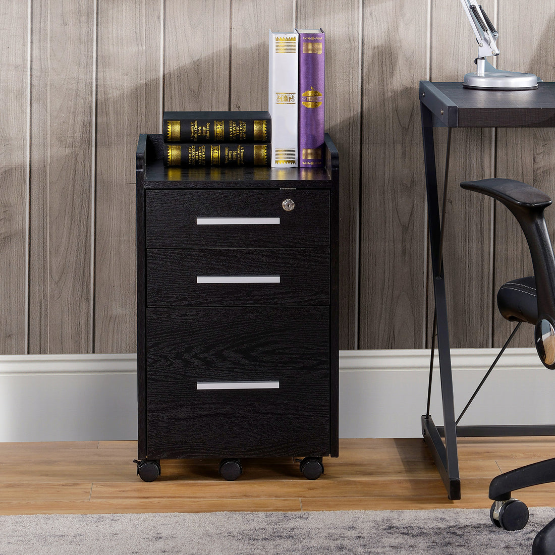HOMCOM Three-Drawer Lockable Filing Cabinet - Black