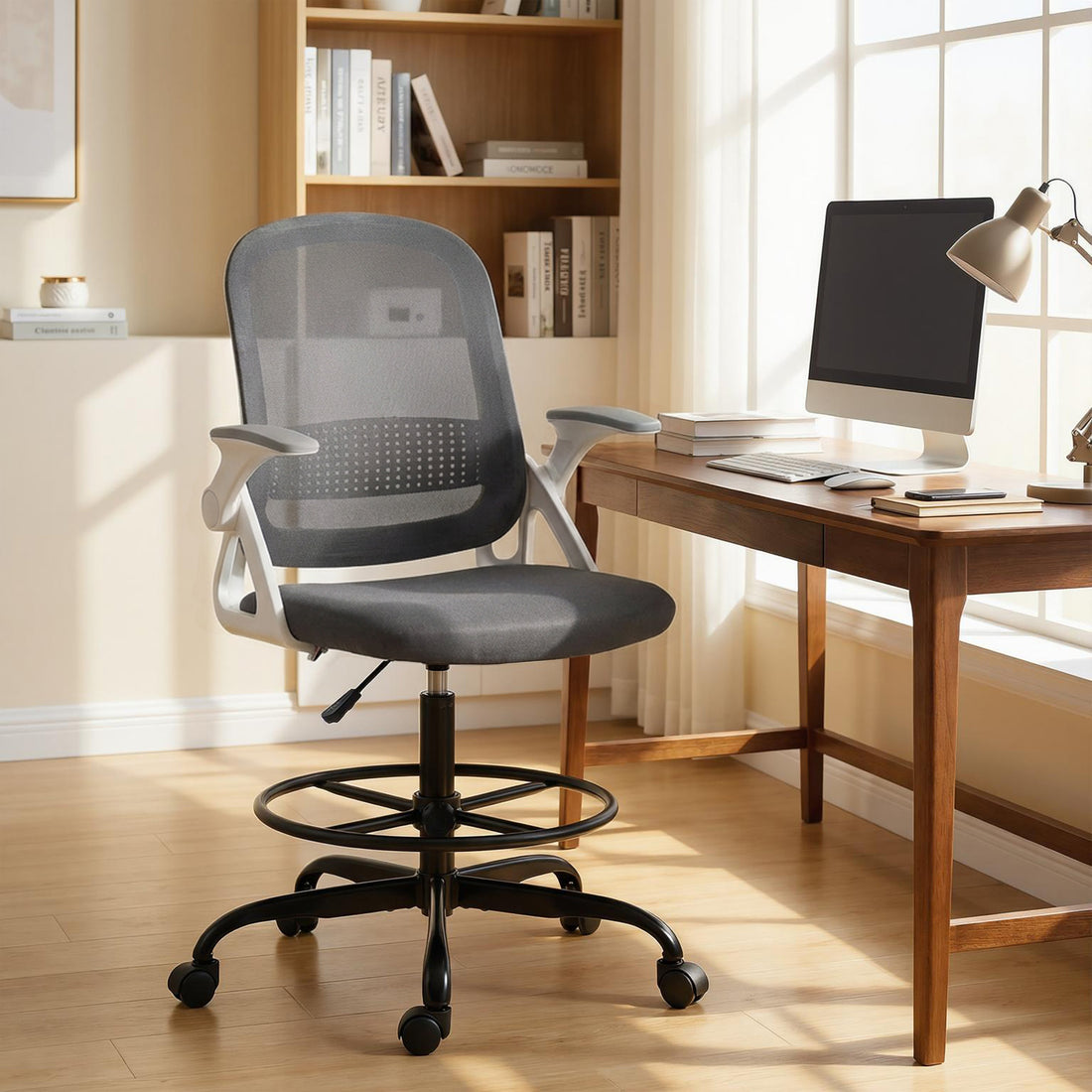 HOMCOM Painting Chair, Mesh Computer Desk Chair with Flip-up Armrests, Grey