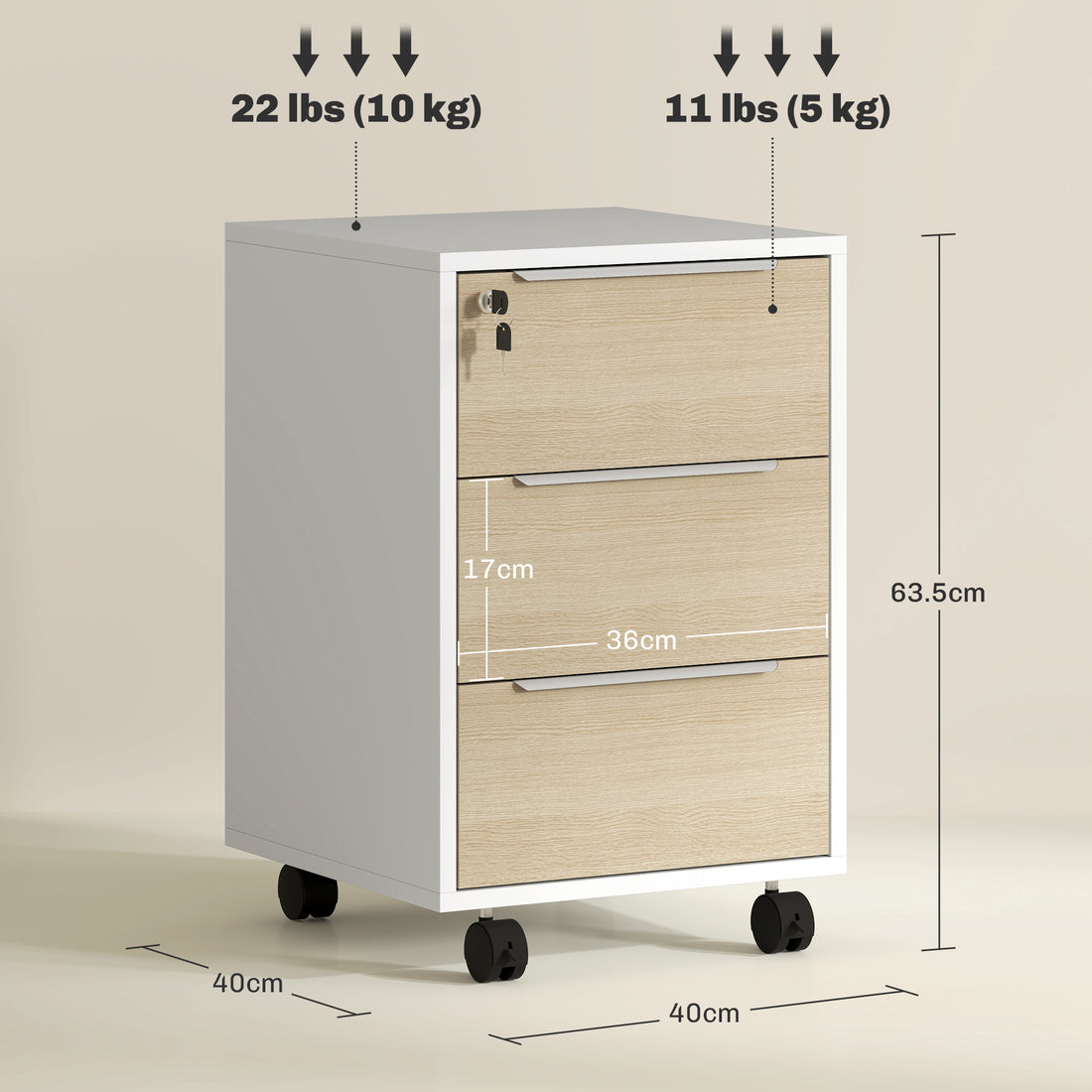 HOMCOM Three-Drawer Locking Filing Cabinet - Oak/White