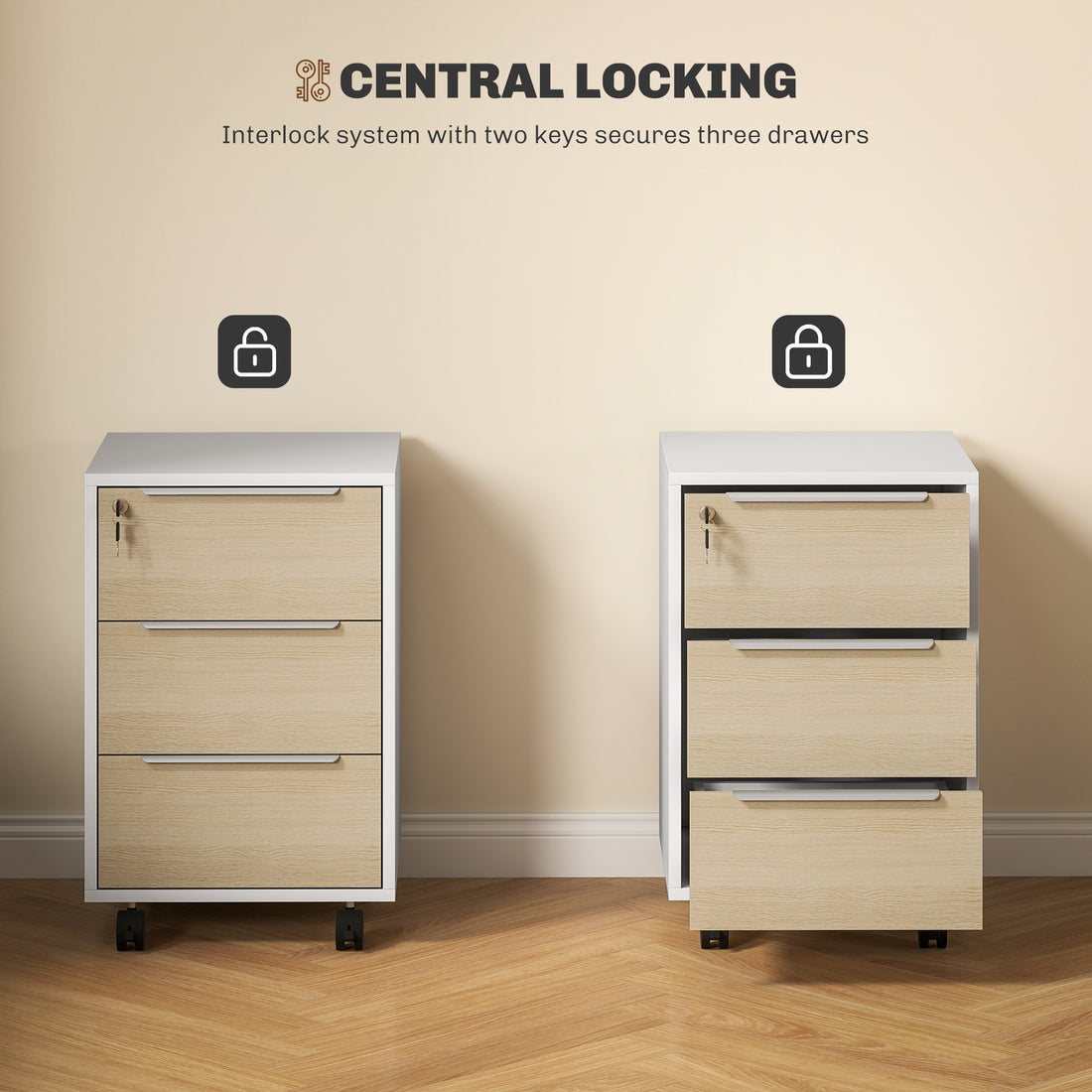 HOMCOM Three-Drawer Locking Filing Cabinet - Oak/White
