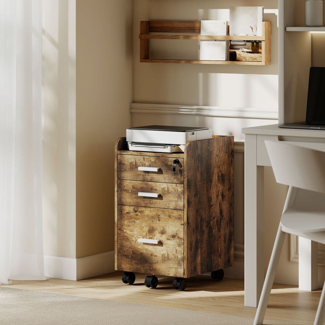 HOMCOM 3 Drawer Filing Cabinet with Lock, Rolling File Cabinet with Edged Top for Letter, A4 Size, Hanging File Folders
