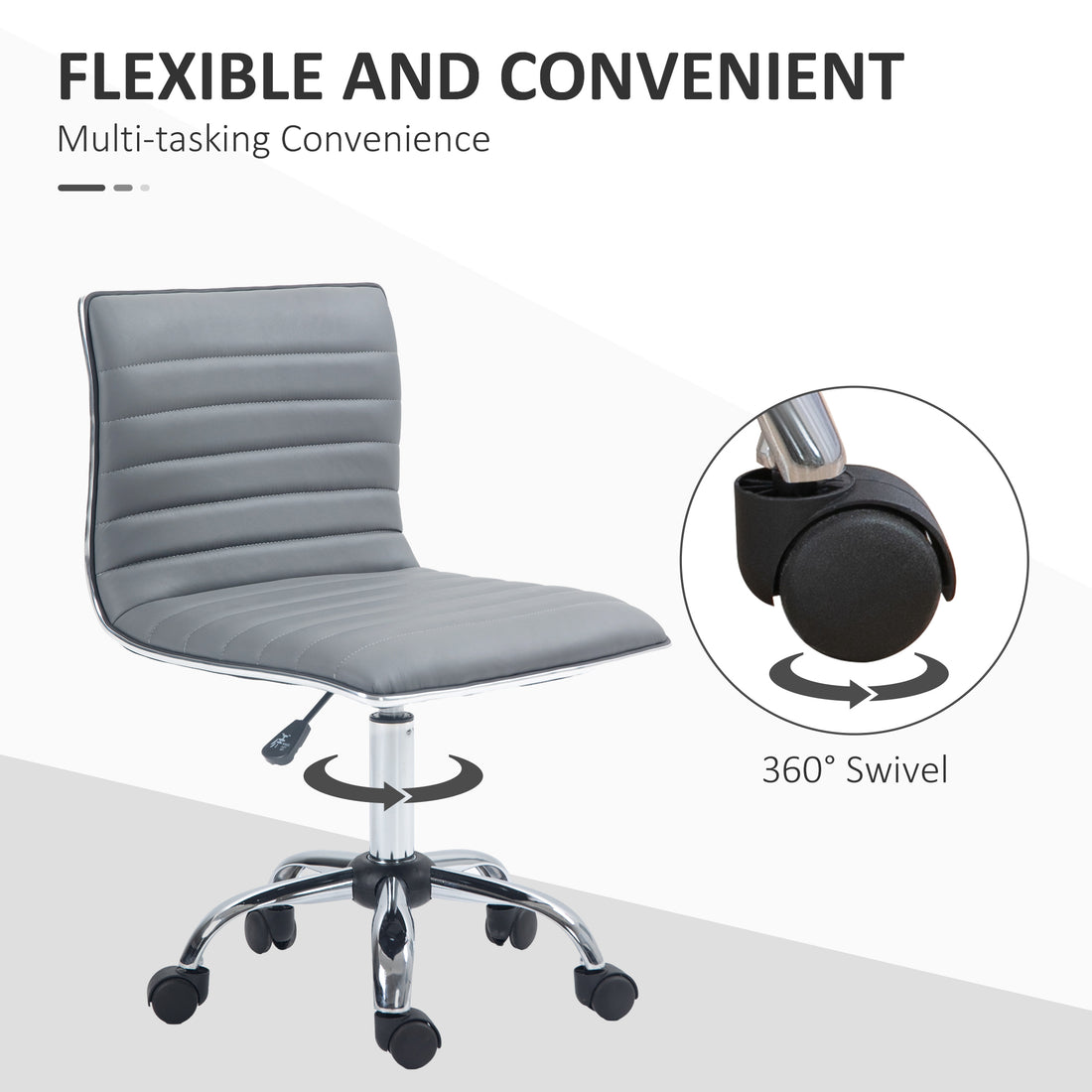 HOMCOM Armless Task Desk Chair, Swivel Office Chair with Faux Leather, Adjustable Seat Height, Chrome Base, Wheels for Home, Light Grey