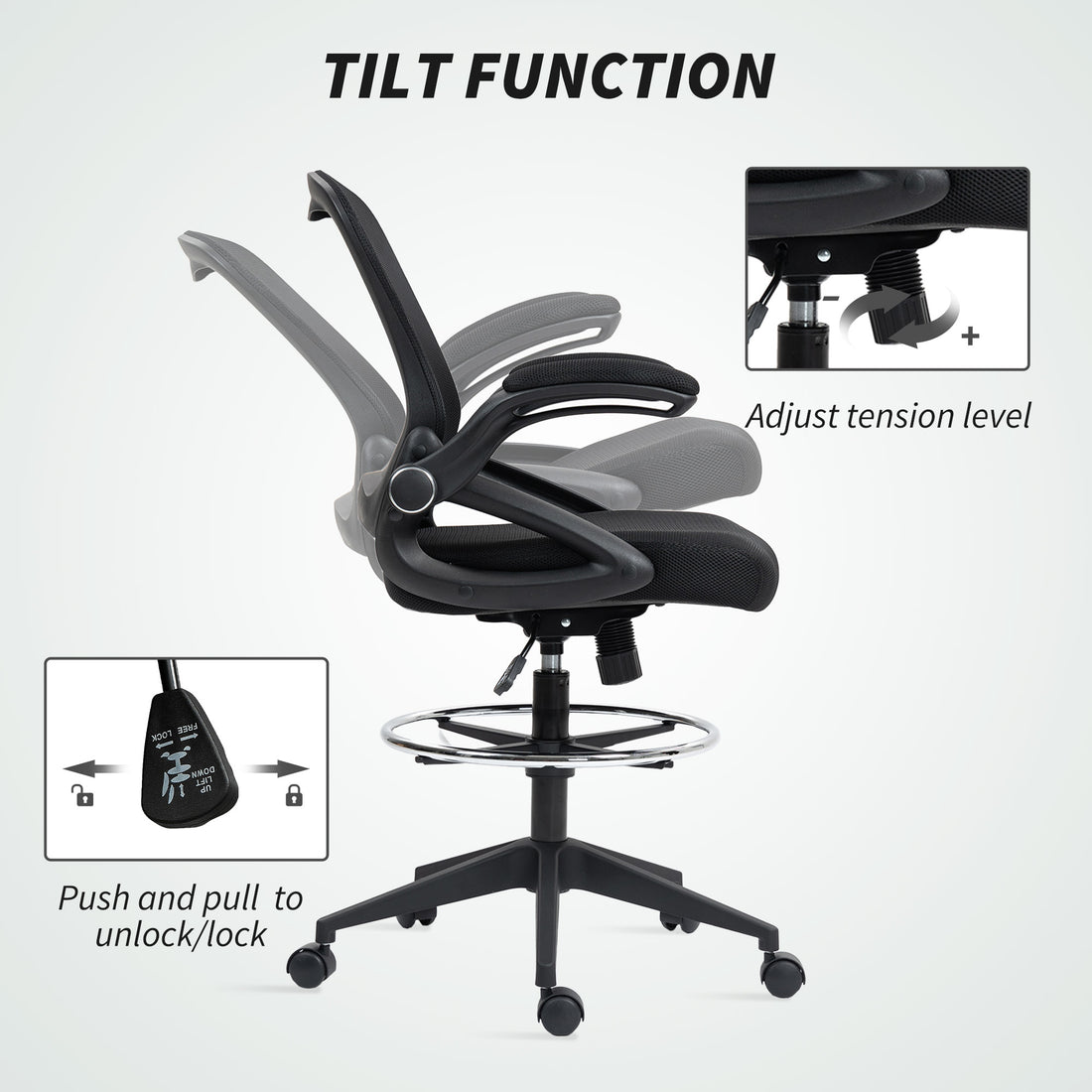 Vinsetto Drafting Chair with Flip-up Armrest, Mesh Office Stool with Foot Ring, 360 Degree Swivel Height Adjustable Chair for Standing Desk, Black