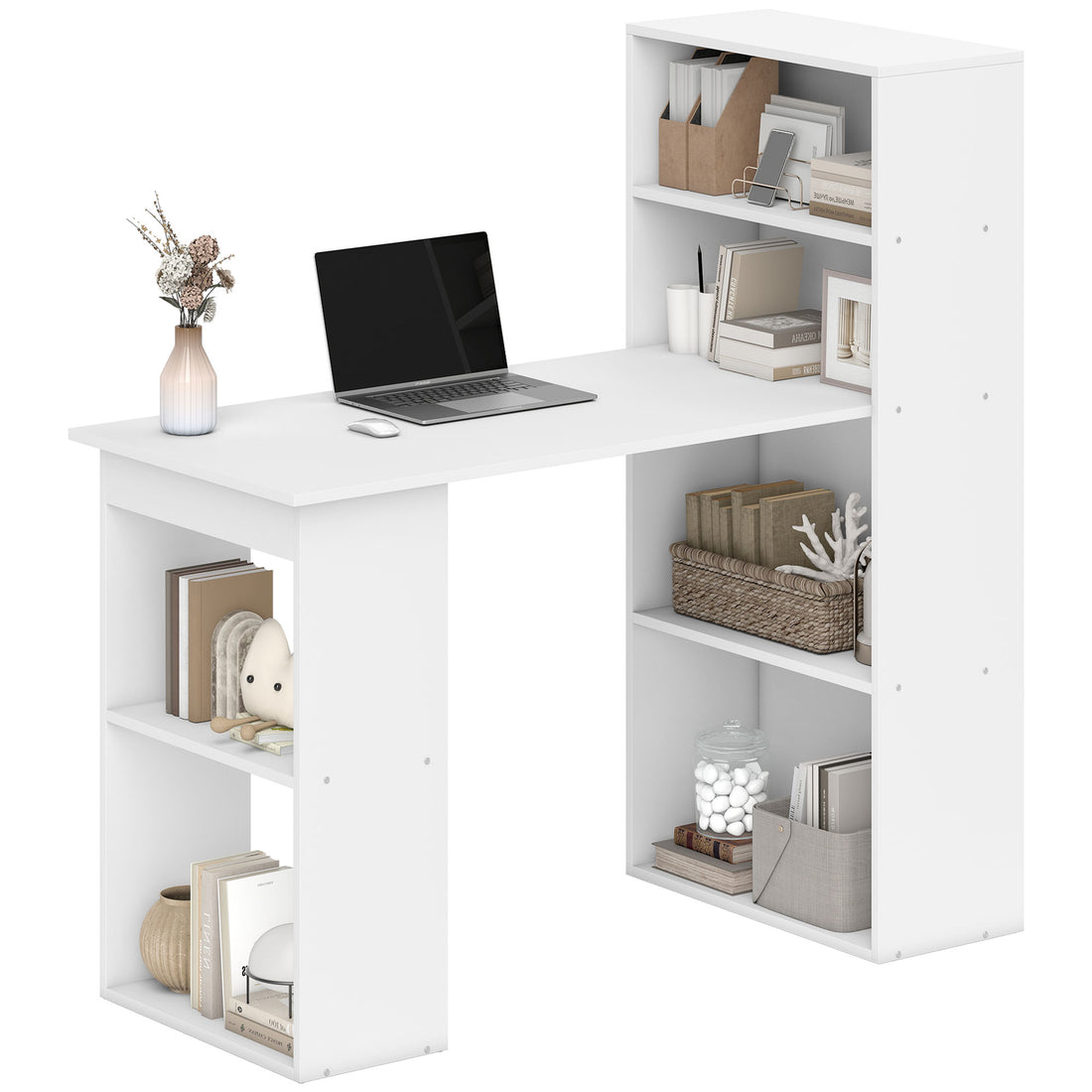 HOMCOM 120cm Computer Desk, Wooden PC Laptop Table with 6-Tier Storage Bookshelves, Home Office Working Study Desk, Writing Workstation, White