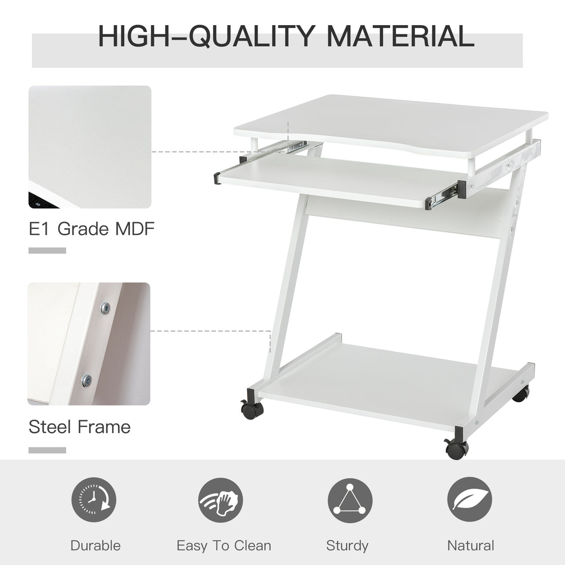HOMCOM Movable Computer Desk with 4 Moving Wheels and Keyboard Tray White