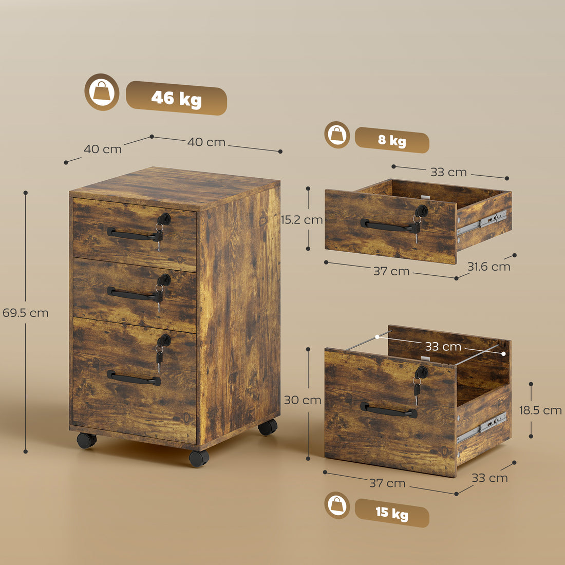 HOMCOM Three Drawer Wood-Effect Filing Cabinet - Rustic Brown