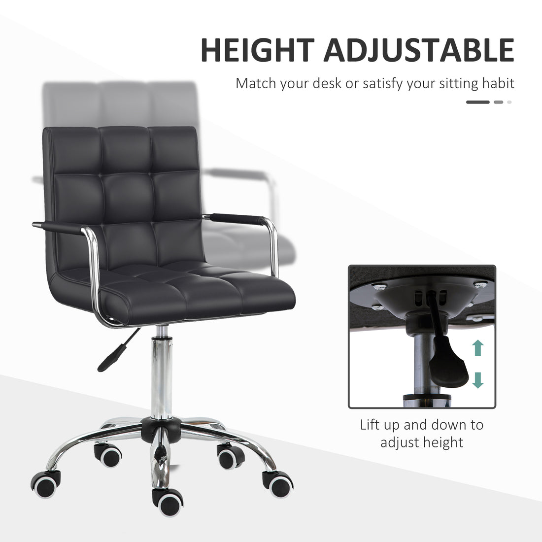 Vinsetto Makeup Vanity Chair, PU Leather Mid Back Office Chair with Adjustable Height, Armrest and Rolling Wheels, Black
