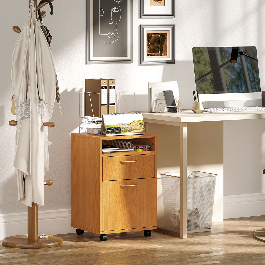 HOMCOM Filing Cabinet, Mobile File Cabinet with 2 Drawers, Office Home Organiser on Wheels, Natural Wood Finish