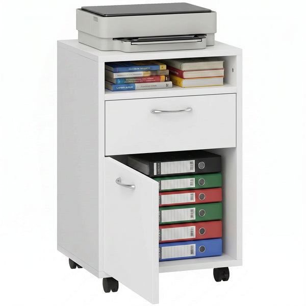 HOMCOM Filing Cabinet, Mobile File Cabinet with 2 Lockable Drawers, Office Home Organiser on Wheels for A4, Letter-Size File Folders, Mobile Printer with Open Shelf, White