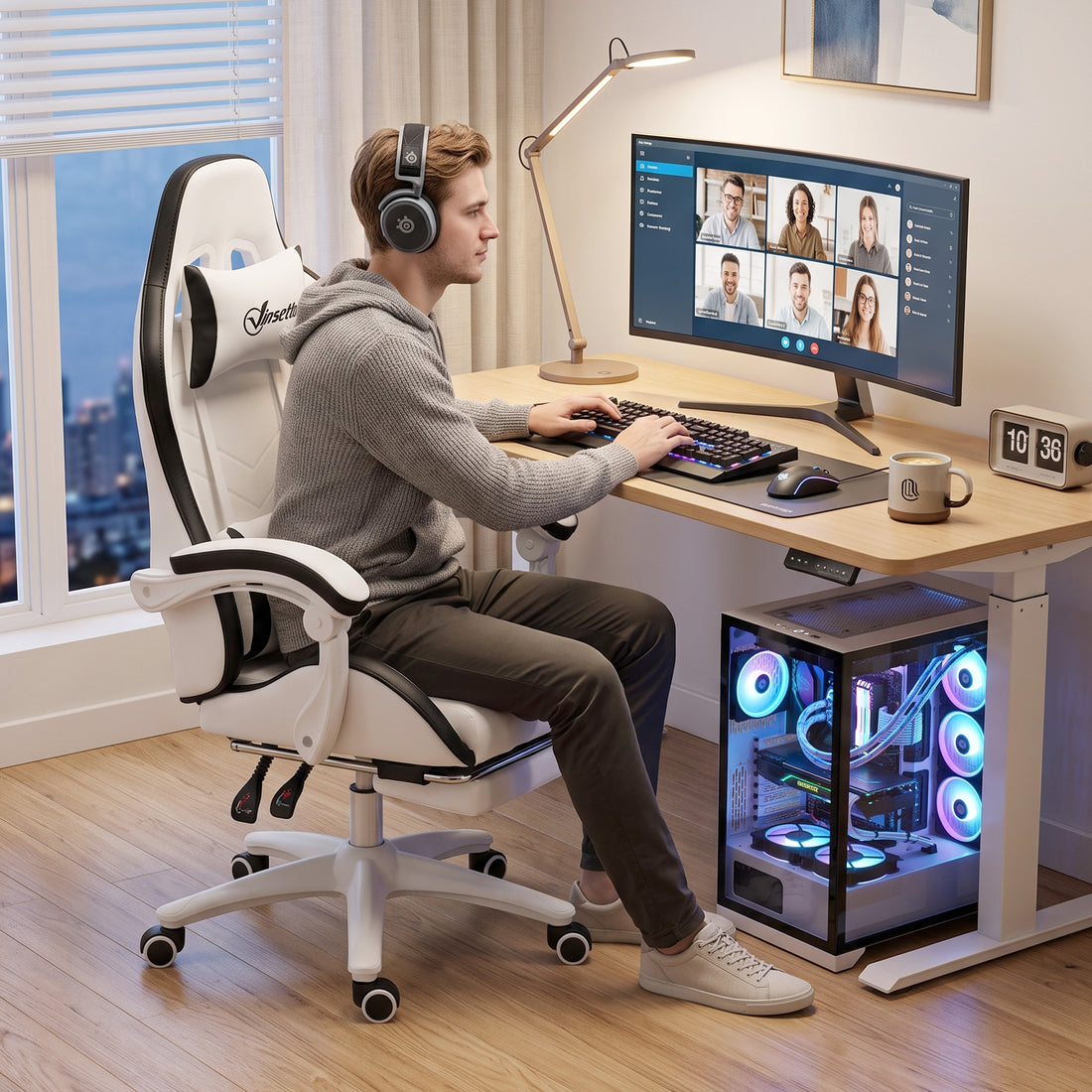 Vinsetto Gaming Chair, Computer Gamer Chair with Reclining High Back, Headrest, Lumbar Support, Footrest, Swivel Wheels, PU Leather, Adjustable Height for Home, White and Black
