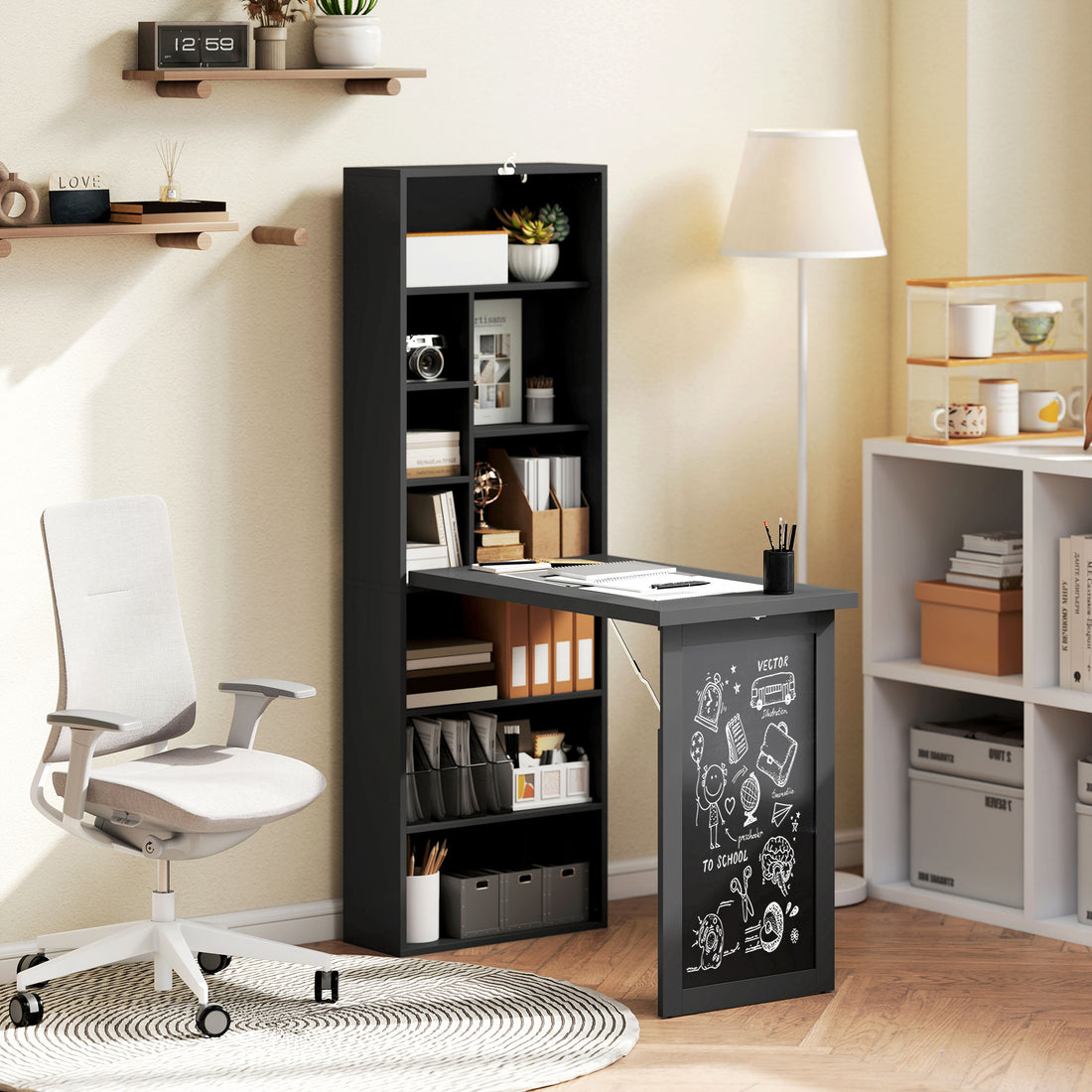 HOMCOM Three-Part Work Desk, with Storage and Chalkboard - Black
