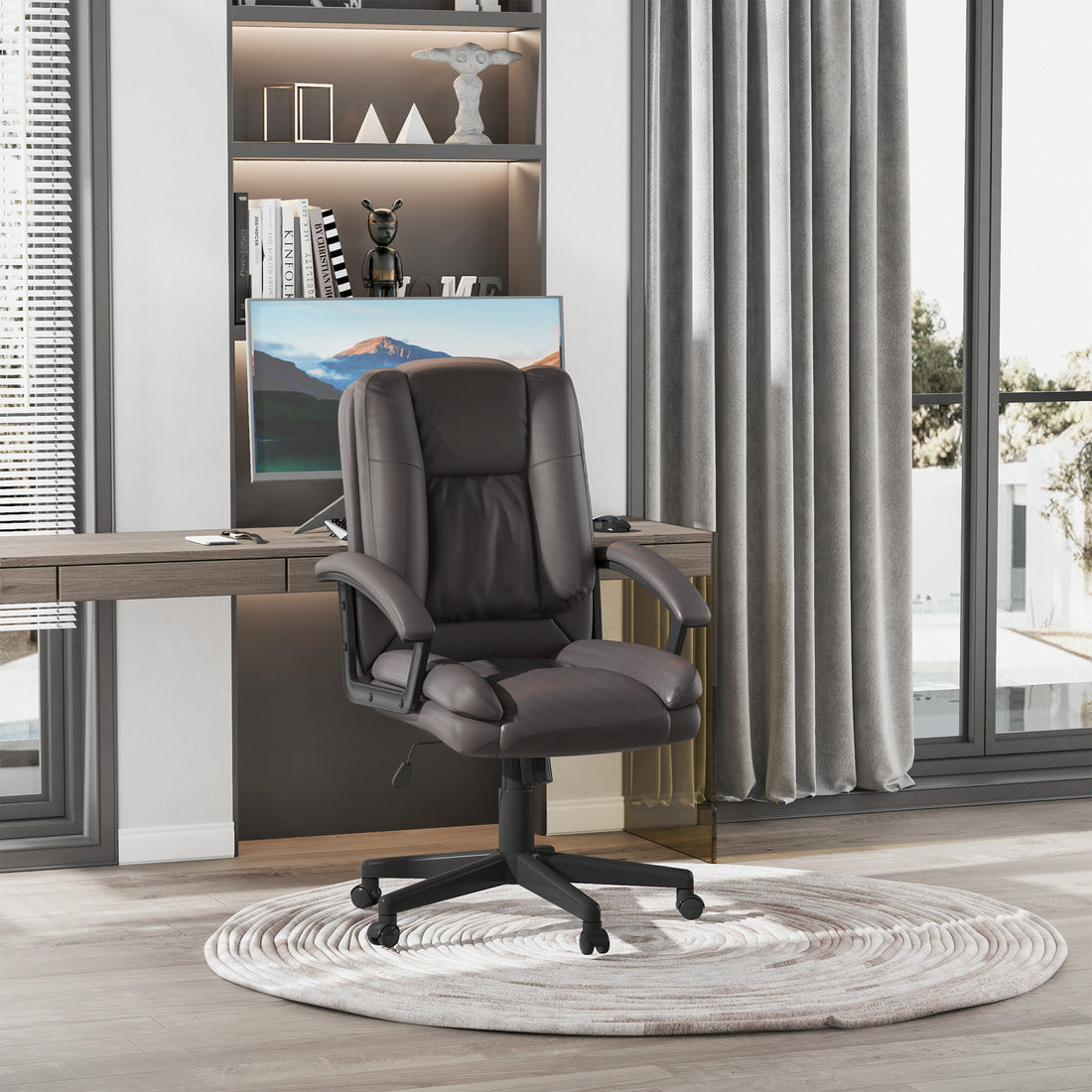 HOMCOM Office Chair, Computer Desk Chair, PU Leather Mid Back Executive Chair with Adjustable Height and Swivel Rolling Wheels for Home Study, Brown