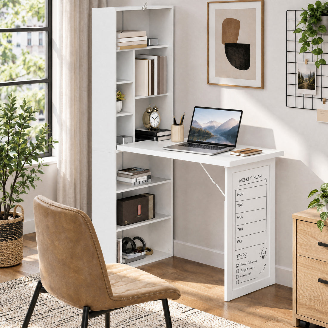 HOMCOM Three-Part Work Desk, with Storage and Writing Board - White