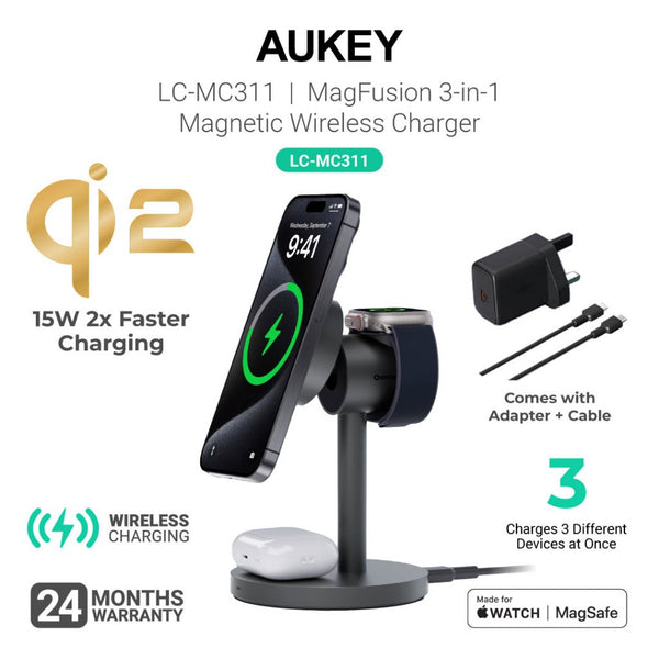 Aukey LC-MC311 MagFusion 3 in 1 Qi2 Magnetic Fast Wireless Charging Station - 15W - For iPhone Airpods & Apple Watch and other compatible magnetic dev