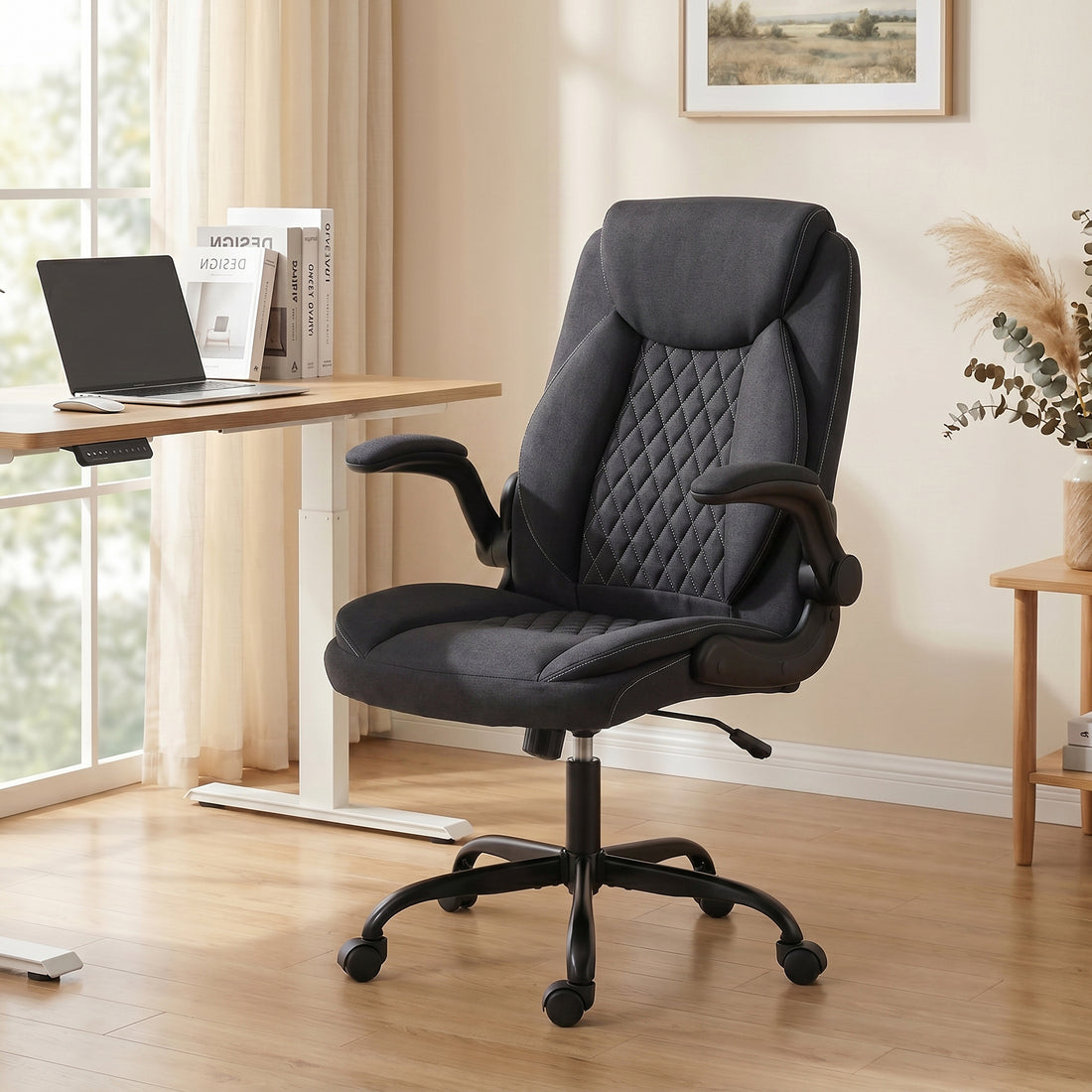 HOMCOM Linen-Look Computer Desk Chair, Executive Office Chair with Flip-Up Armrests and Thick Cushion, Black