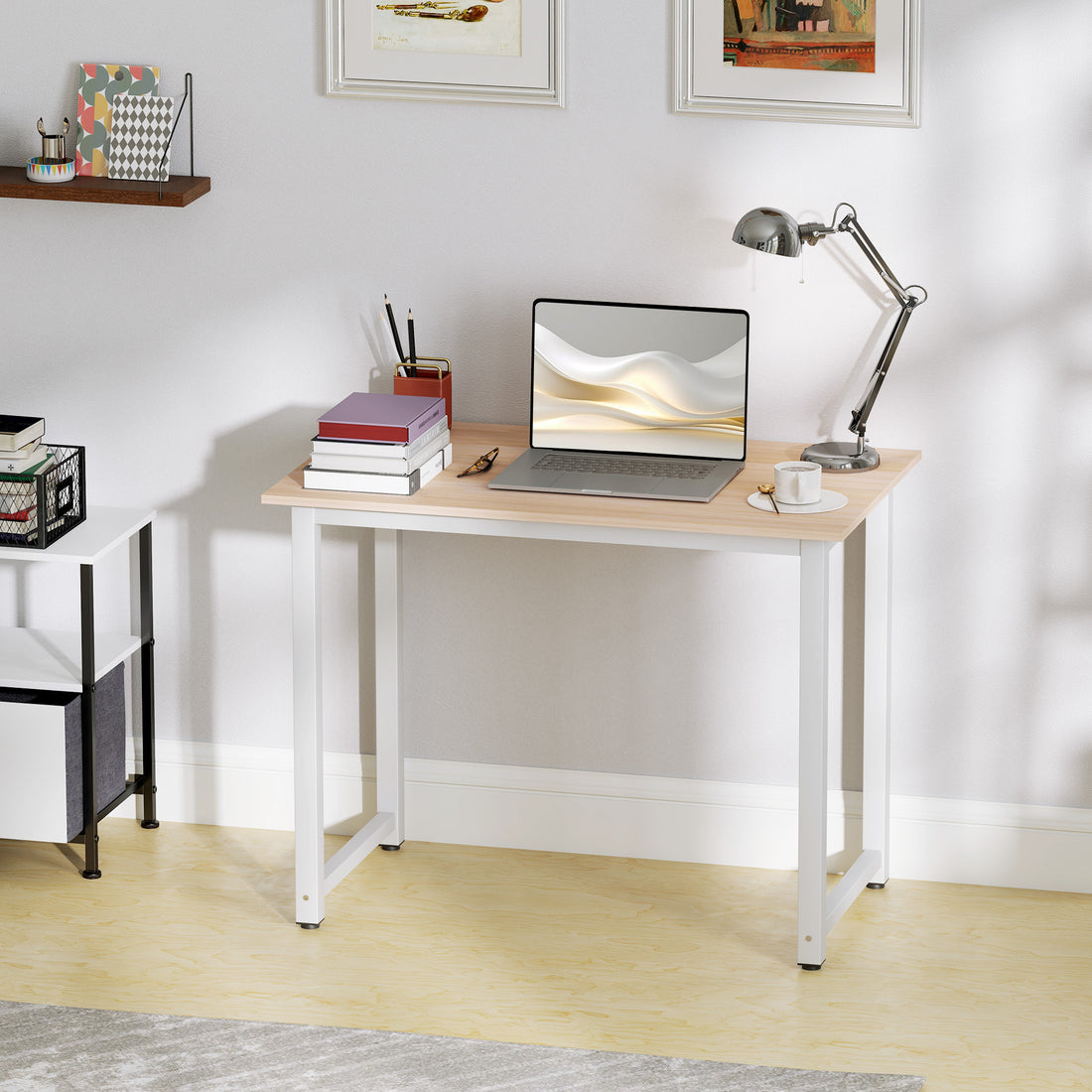 HOMCOM Computer Desk, Writing Table, 100 x 60 x 76cm Workstation for Home Office, Study with Metal Frame, Simple Assembly, White
