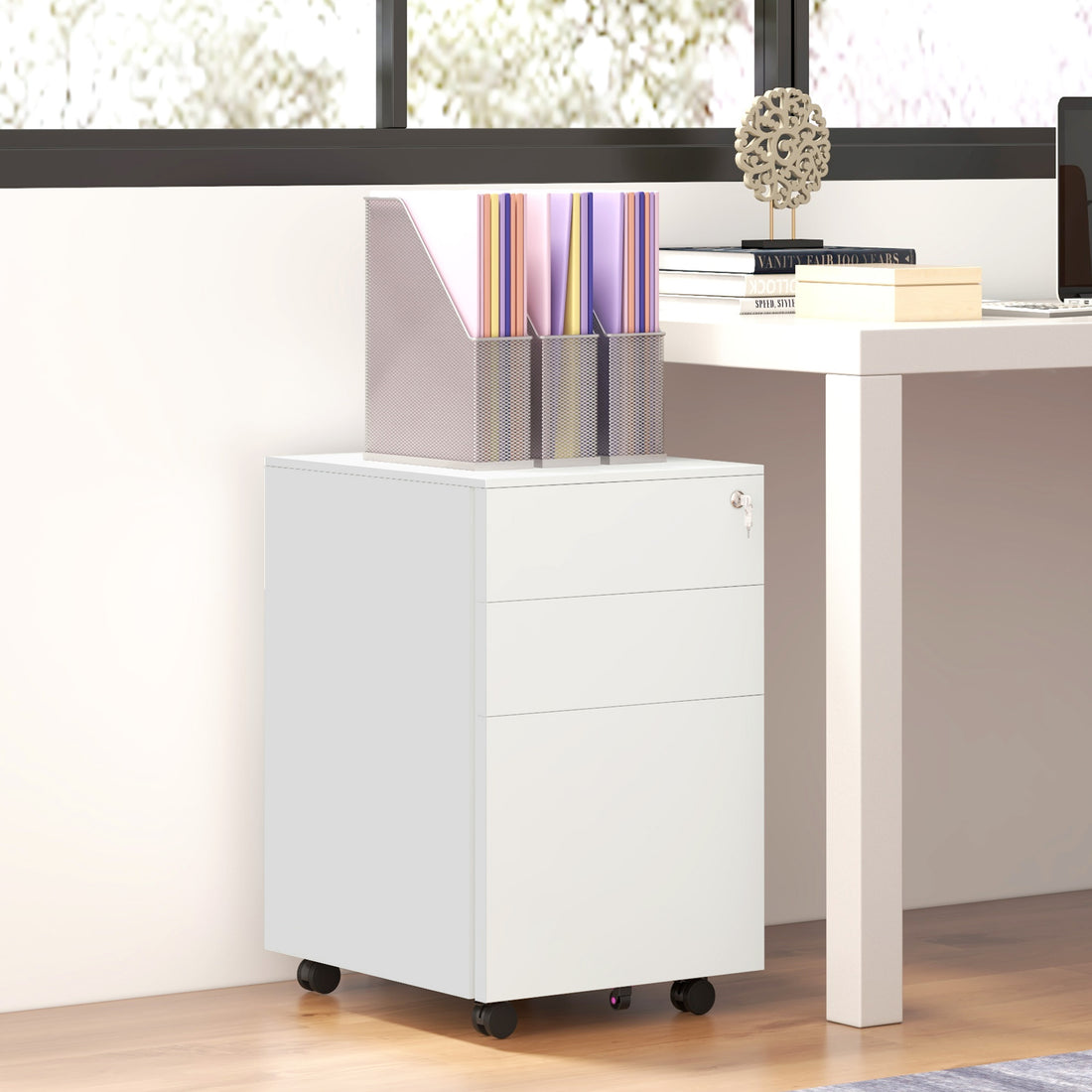 Vinsetto 3-Drawer Vertical Filing Cabinet with Pencil Tray, Lock and 5 Wheels, Steel Mobile File Cabinet, for A4, Legal and Letter Size, Pre-Assembled Body, White