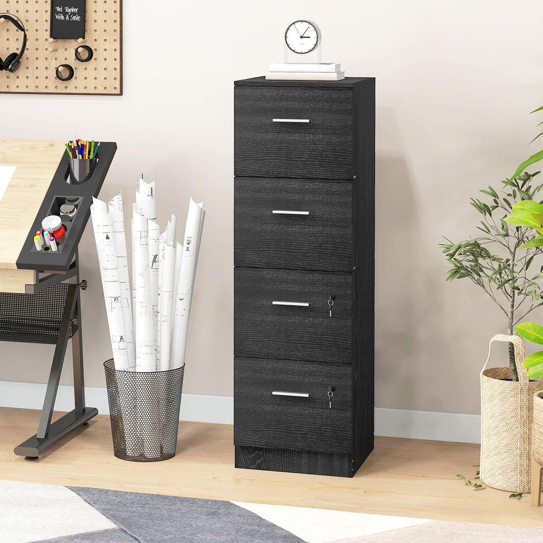 HOMCOM Four-Drawer Lockable Filing Cabinet - Black Wood Effect
