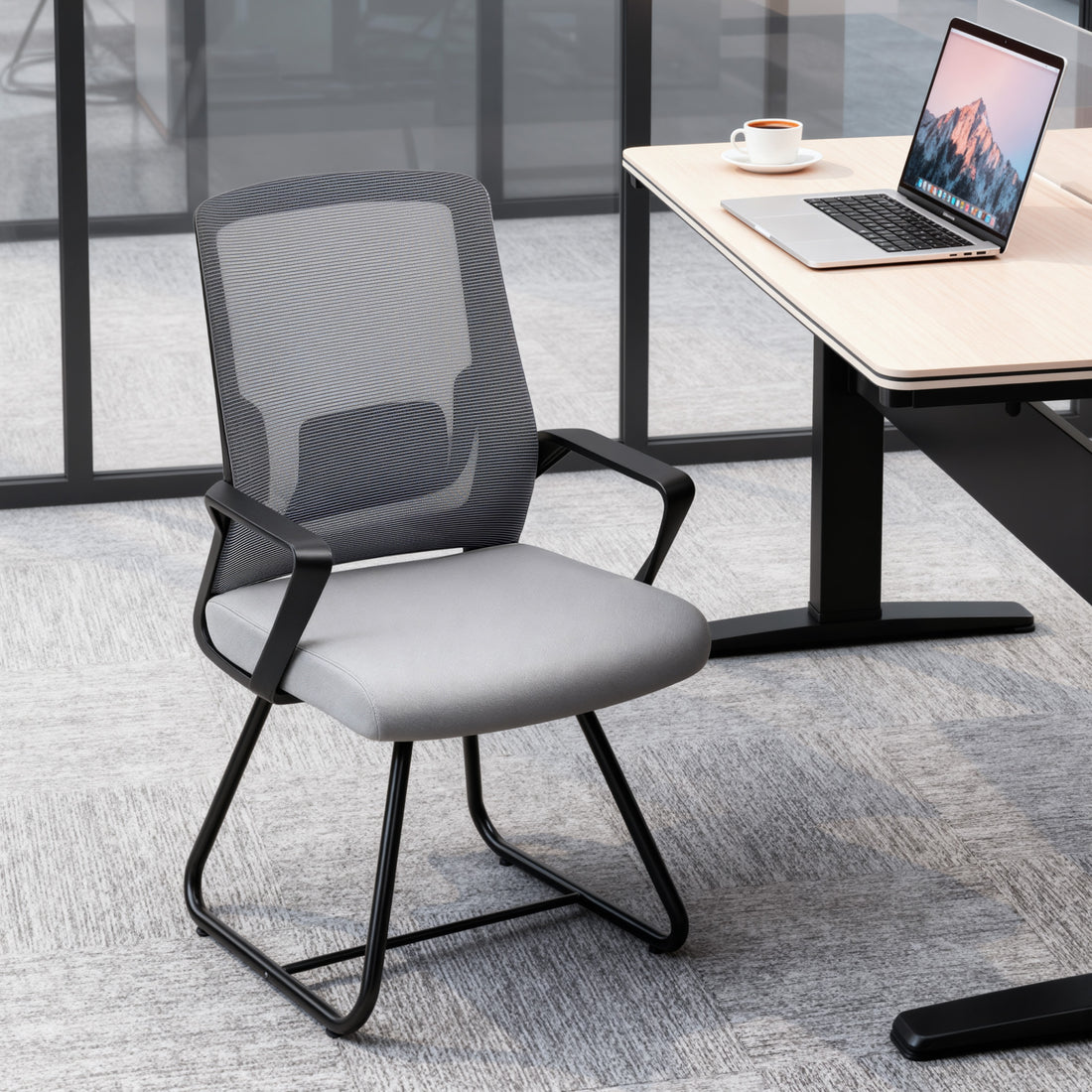 HOMCOM Desk Chair No Wheels, Office Chair with Mesh Back, Lumbar Support, Metal Base for Waiting Room, Conference Room, Dark Grey