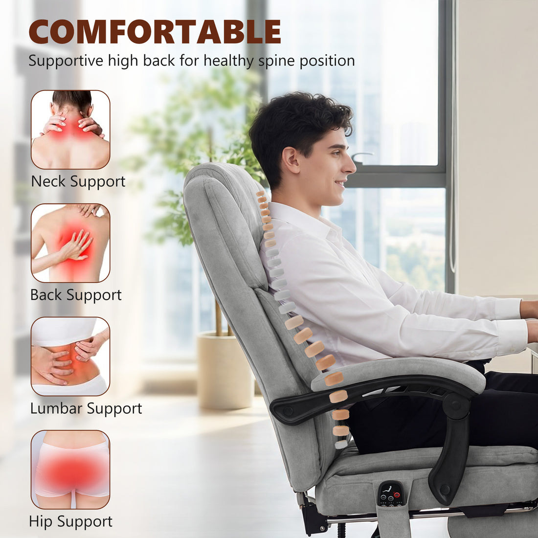 HOMCOM Office Chair with 6-Point Vibration Massage and Heat, Executive Computer Desk Chair with High Back, Reclining, Grey