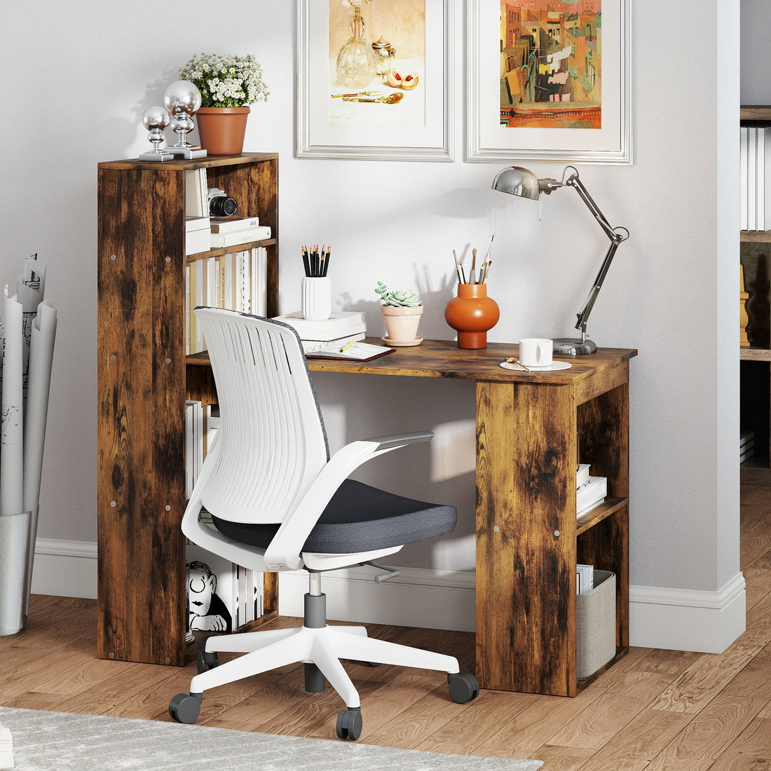 HOMCOM 120cm Computer Desk, Wooden PC Laptop Table with 6-Tier Storage Bookshelves, Home Office Working Study Desk, Writing Workstation, Rustic Brown Wood-Effect