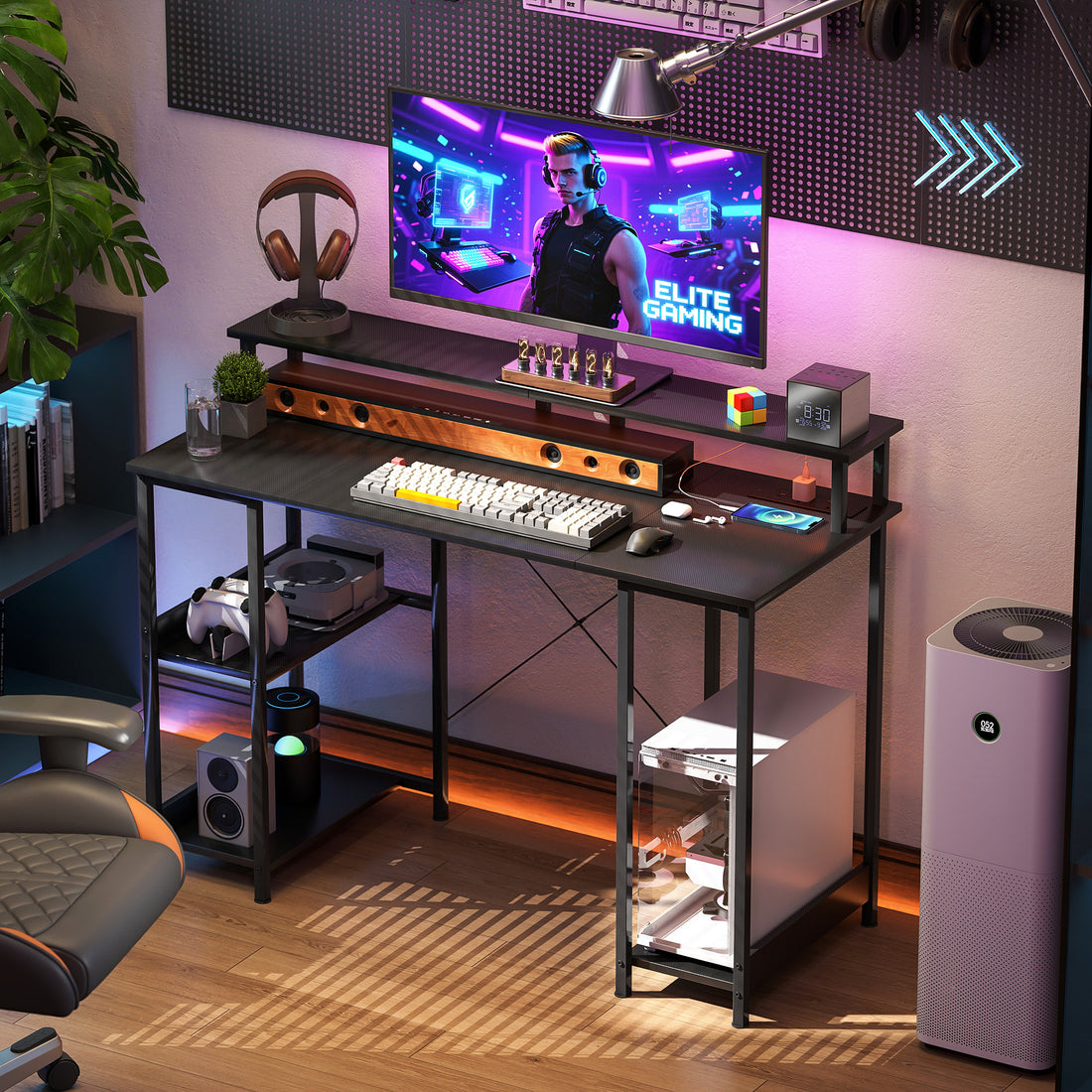 HOMCOM LED Computer Desk, with Power Outlets and Shelves - Carbon Fibre Grey
