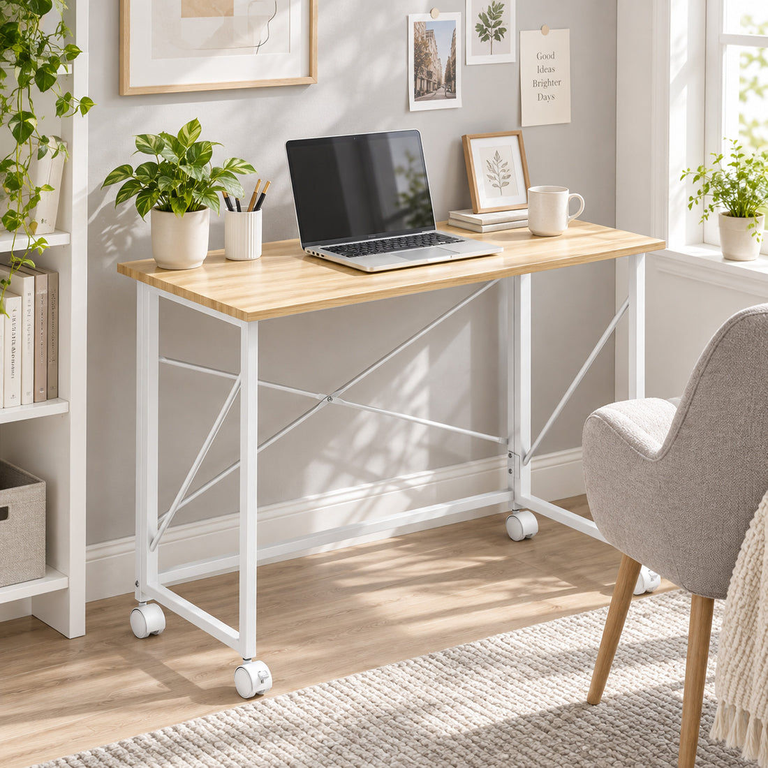 HOMCOM 80 cm Folding Desk on Wheels - Natural Tone