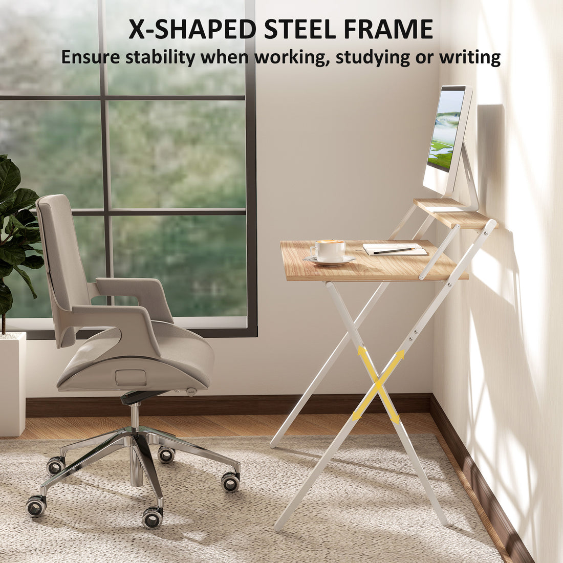 HOMCOM 81.5 cm Folding Computer Desk with Monitor Shelf - Natural Wood Finish