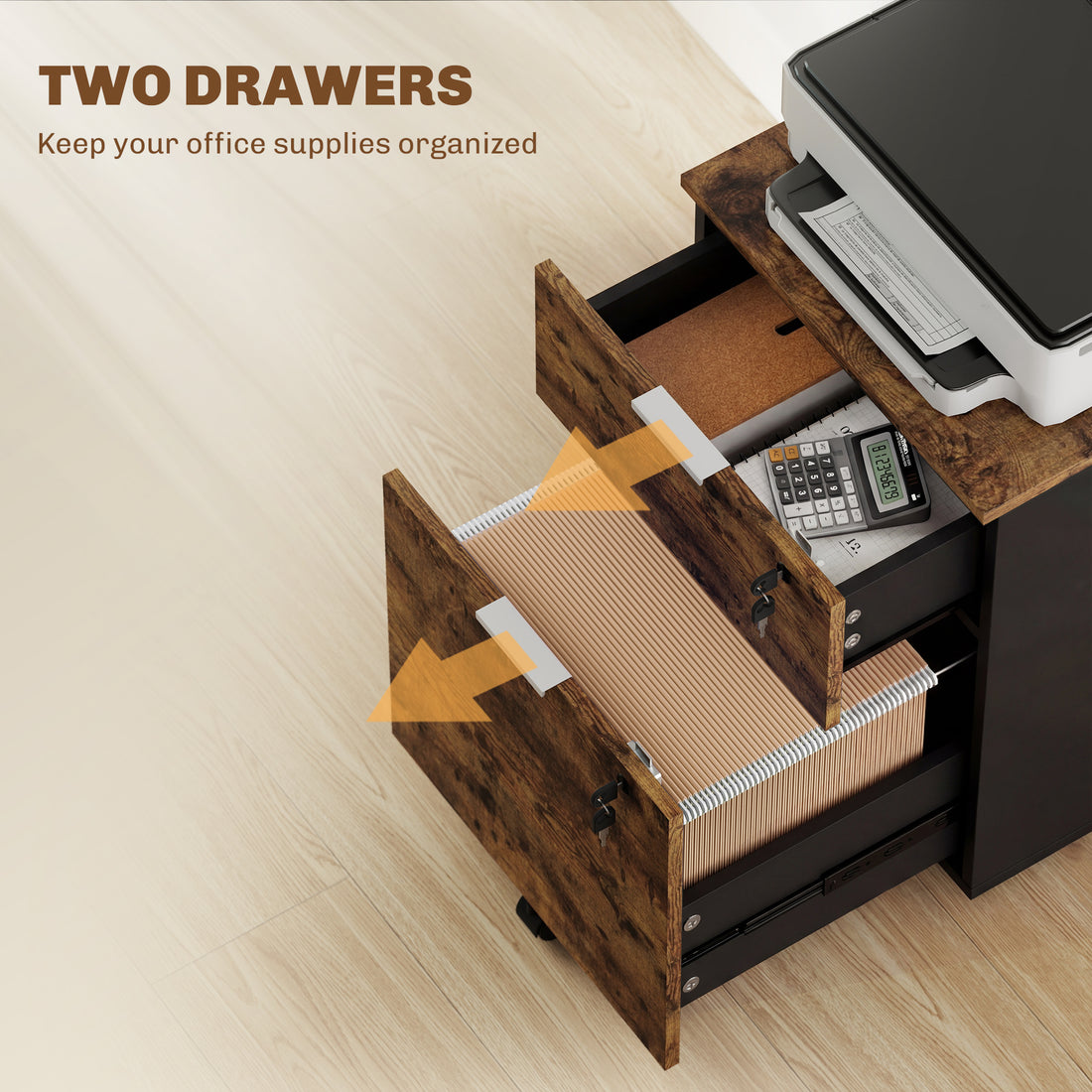 HOMCOM Two-Drawer Lockable Filing Cabinet - Black and Rustic Brown