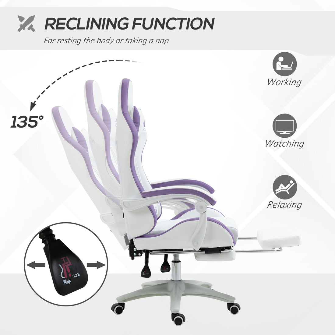 Vinsetto Computer Gaming Chair, PU Leather Office Desk Chair with Footrest, Swivel Wheels, 135° Reclining Back, Lumbar Support, Headrest for Home, White and Purple