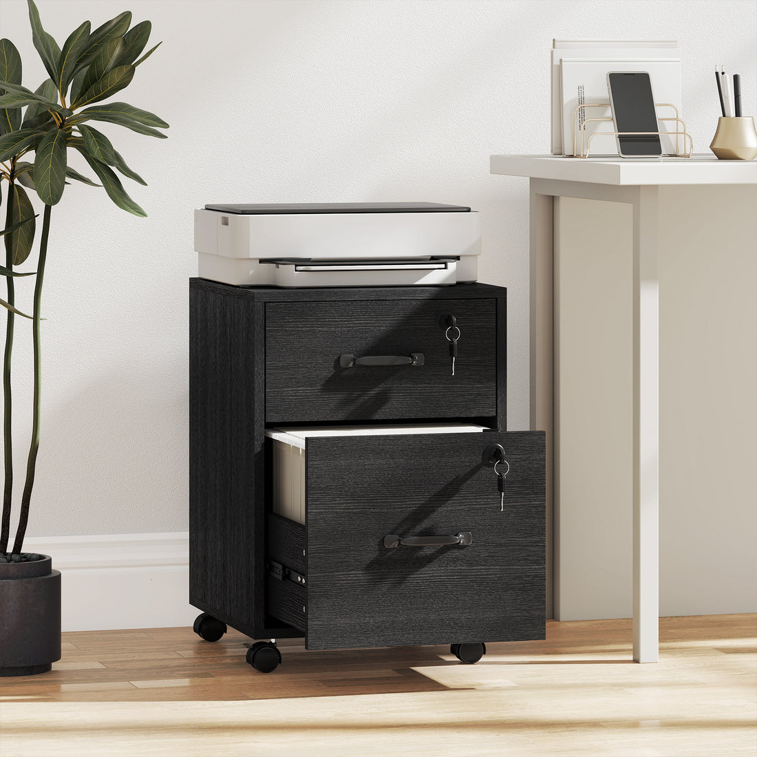 HOMCOM Rolling File Cabinet with 2 Drawers, Mobile Filing Cabinet with Hanging File Folder for Letter Sized Documents, Black