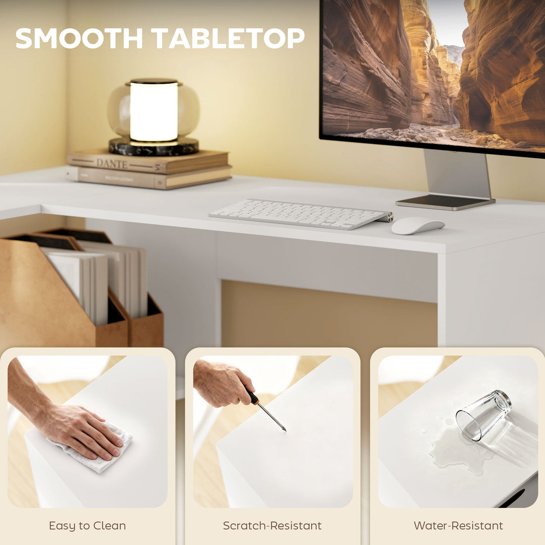 HOMCOM L Shaped Computer Desk, 110 x 100cm Corner Desk with Fabric Drawer and Storage Shelves, White