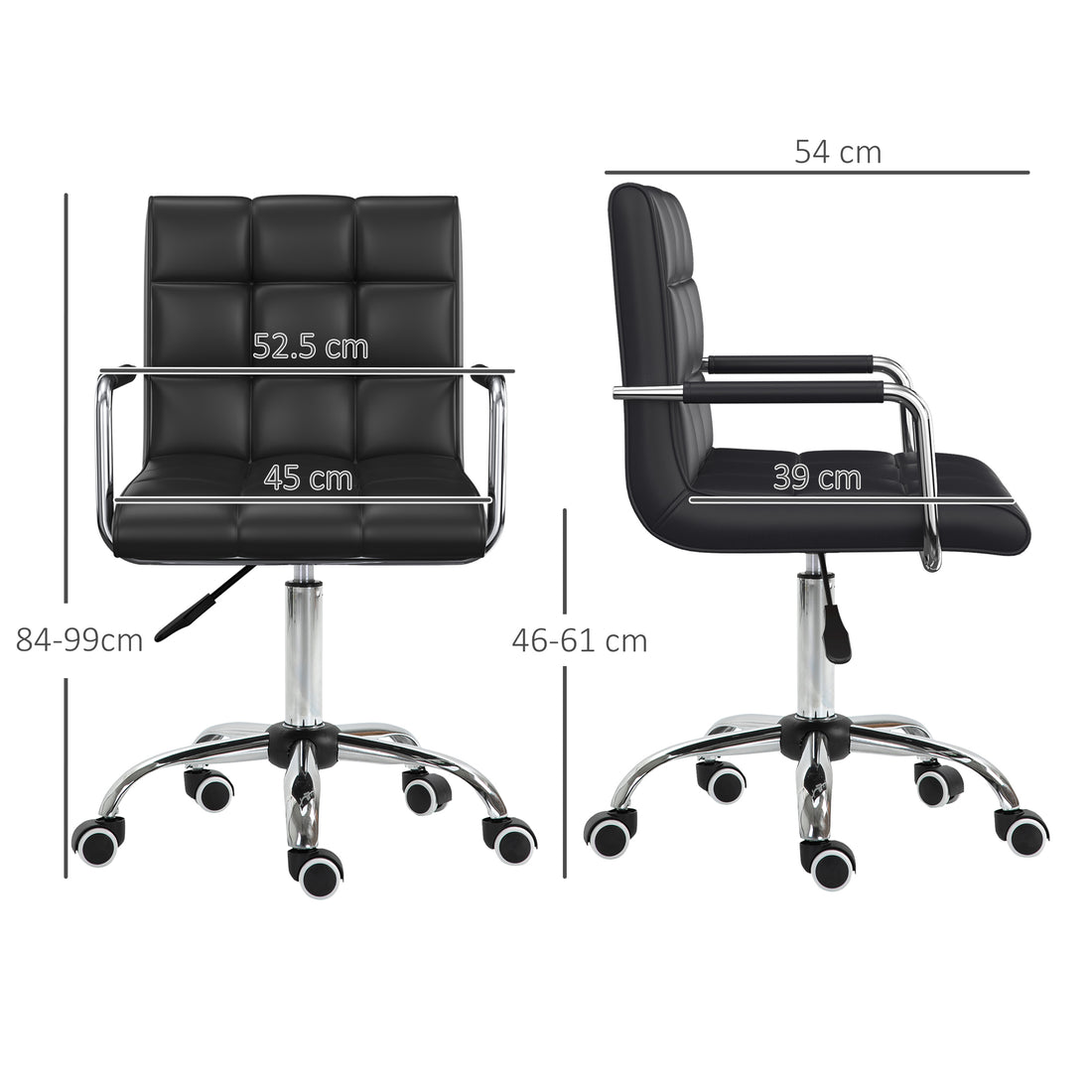 Vinsetto Makeup Vanity Chair, PU Leather Mid Back Office Chair with Adjustable Height, Armrest and Rolling Wheels, Black