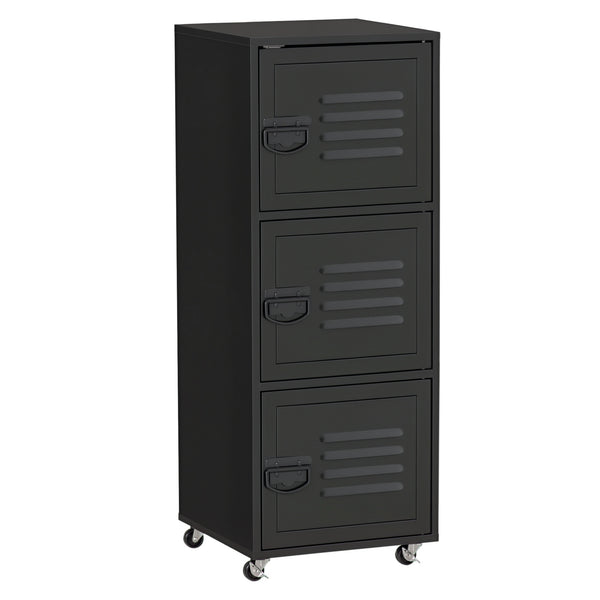 HOMCOM Rolling Storage Cabinet 3-Tier Mobile File Cabinet with Wheels & Metal Doors for Home Office, Living Room, Black