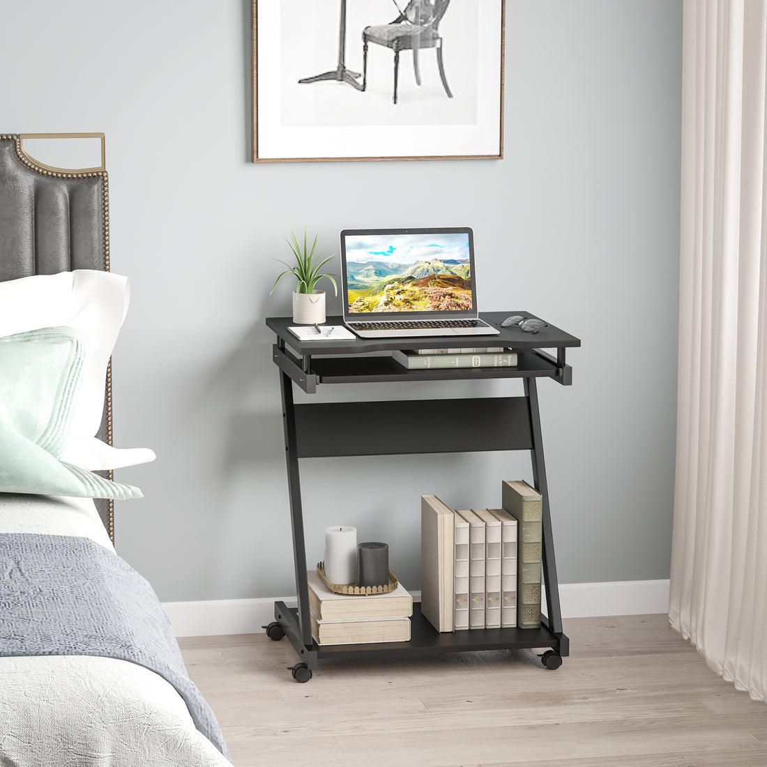 HOMCOM Movable Computer Desk with 4 Moving Wheels and Keyboard Tray Black