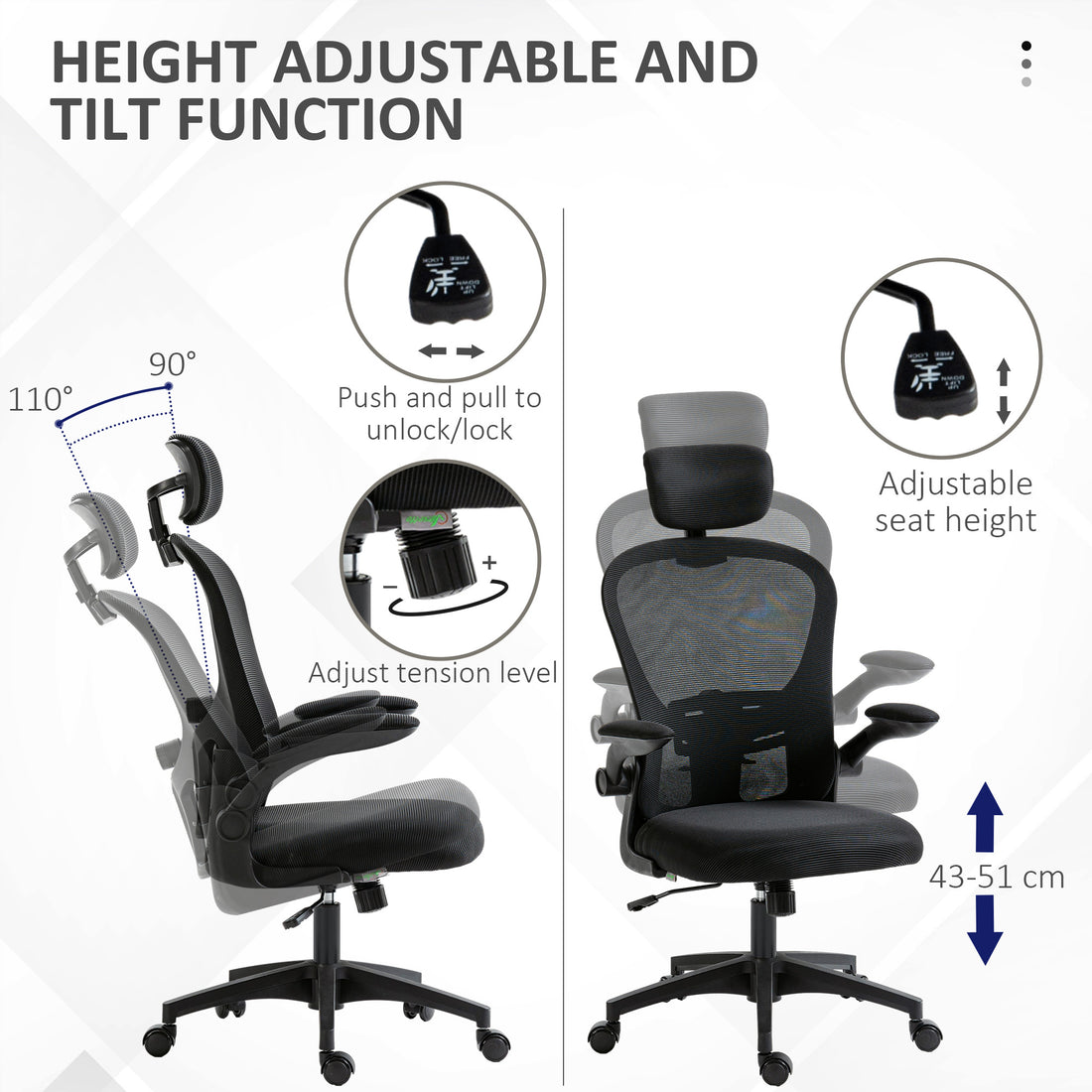 Vinsetto Multi-Adjustable Office Chair, with Lumbar Support, Headrest and Mesh Back - Black