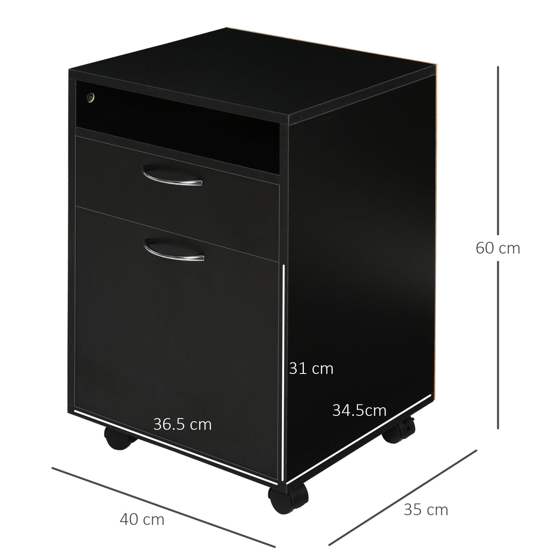 HOMCOM Filing Cabinet, Mobile File Cabinet with 2 Drawers, Office Home Organiser on Wheels for A4, Letter-Size File Folders, Mobile Printer with Open Shelf, Black