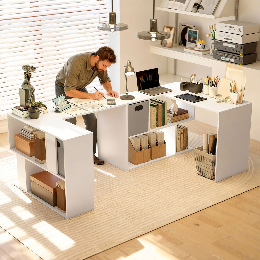 HOMCOM L Shaped Computer Desk, 110 x 100cm Corner Desk with Fabric Drawer and Storage Shelves, White