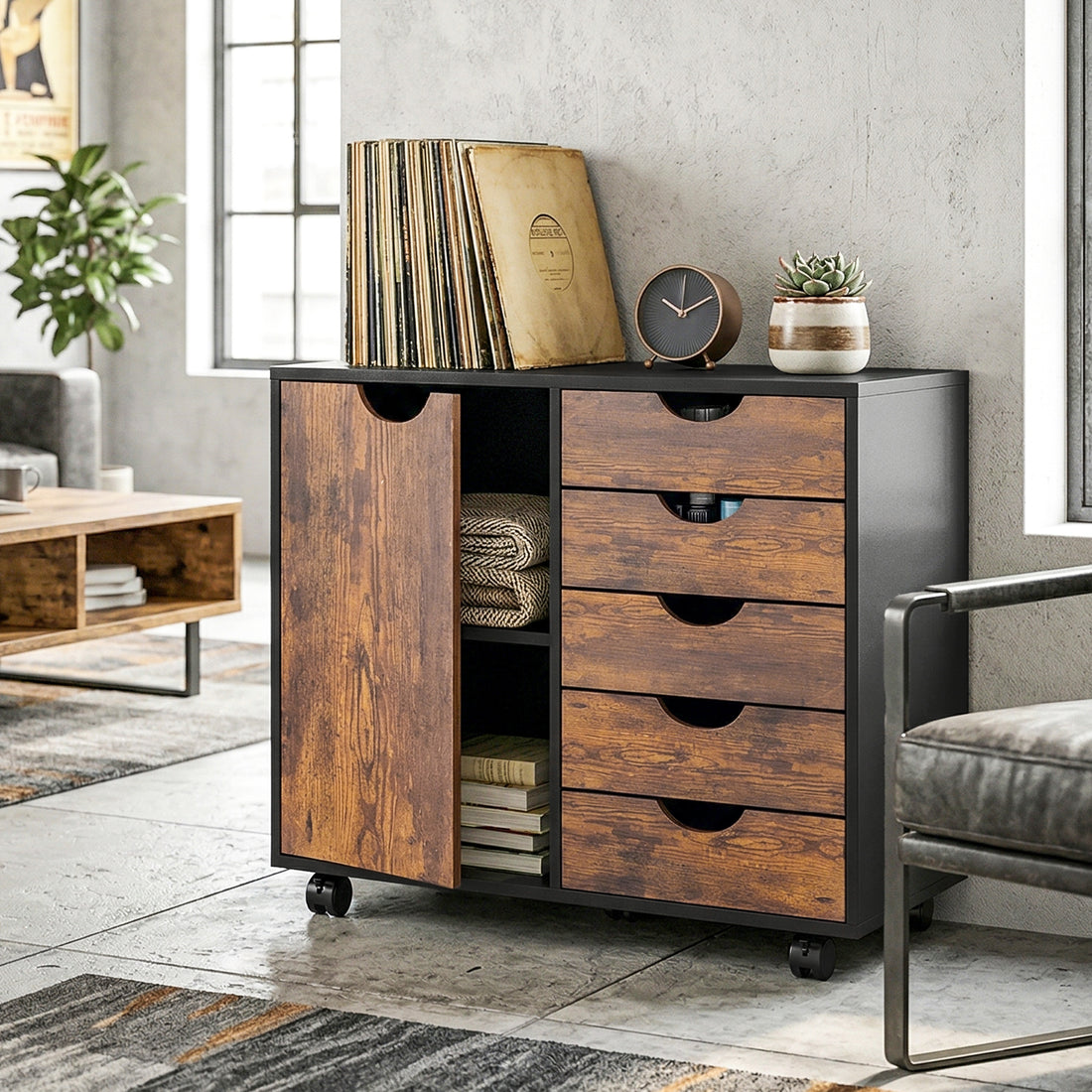 HOMCOM Multi-Storage Mobile Office Storage Cabinet - Rustic Brown