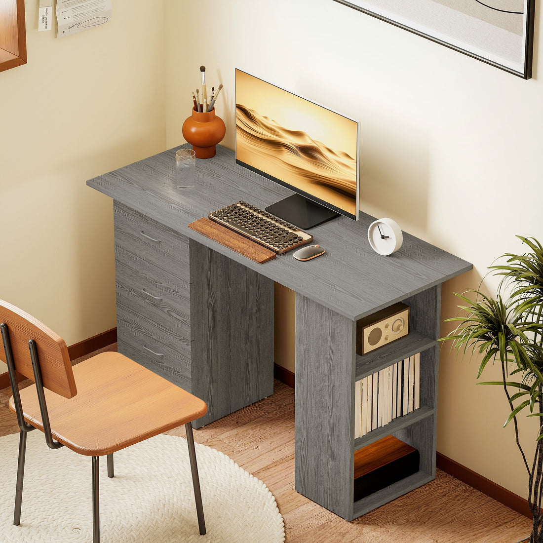 HOMCOM Computer Desk with Drawers, Home Office Desk, Writing Table, PC Workstation with 3 Storage Shelves for Working, Study, 120 x 49 x 72 cm, Grey