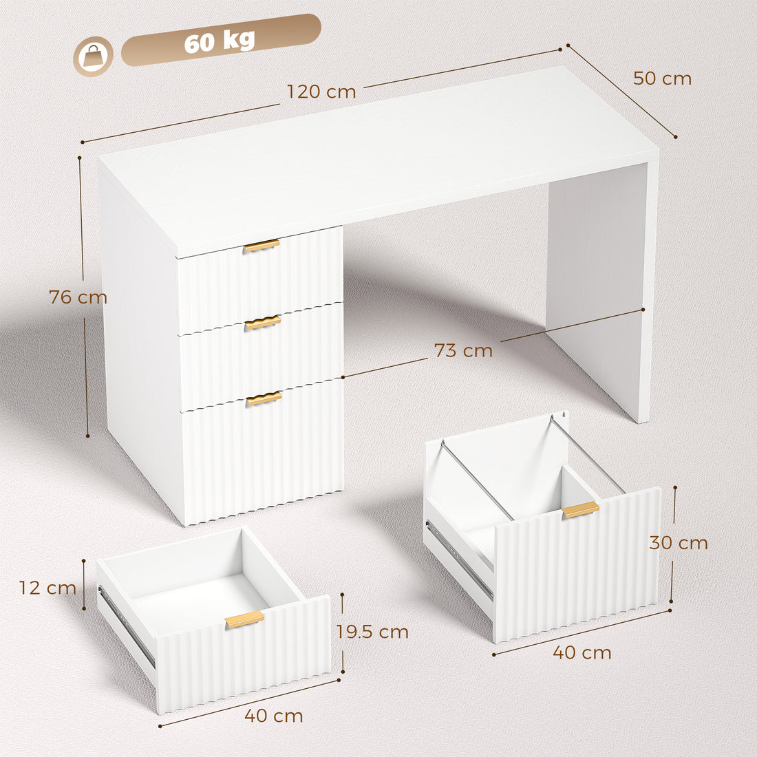 HOMCOM Computer Desk with 3 Drawers Reversible Home Office Desk 120 cm, White