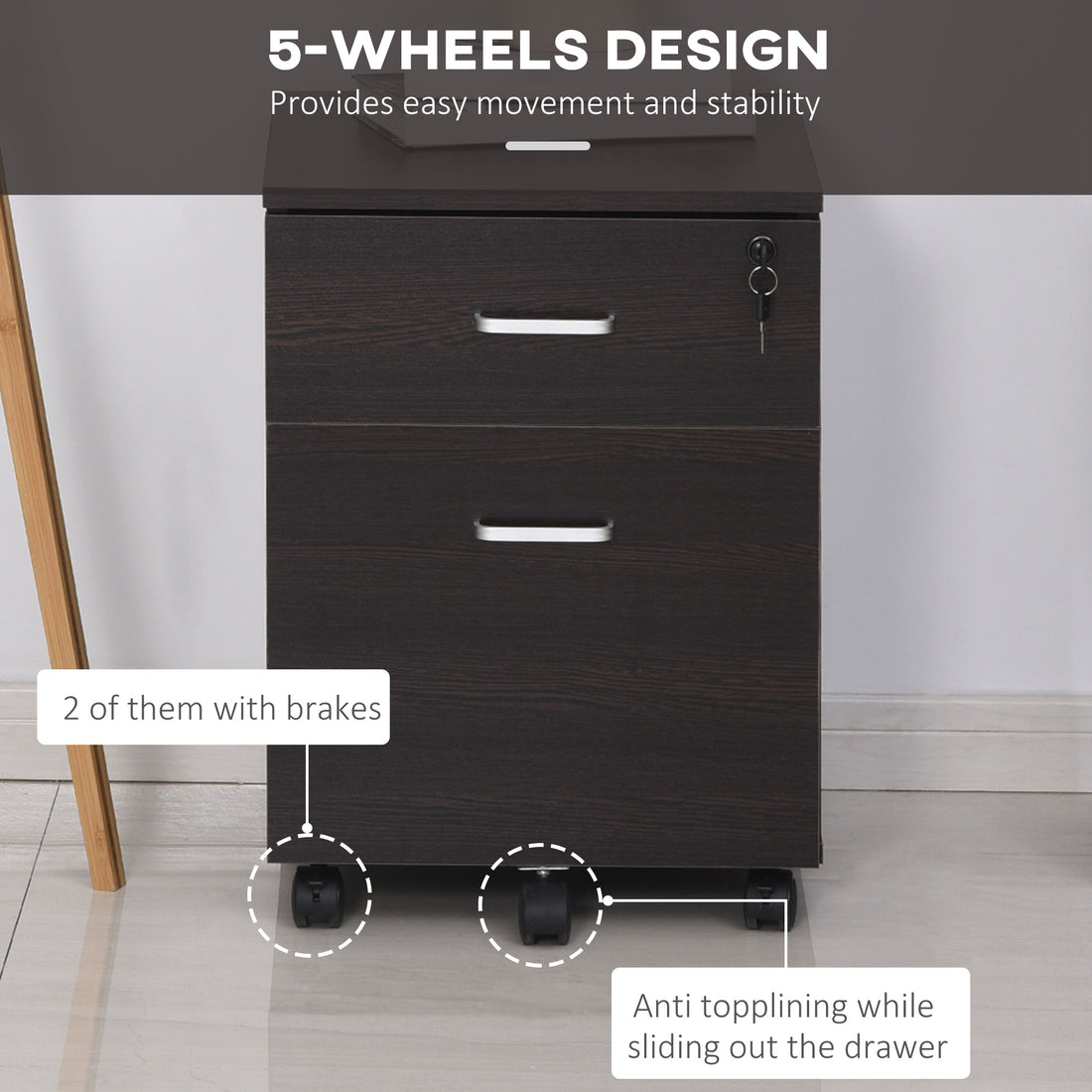 Vinsetto 2-Drawer Locking Office Filing Cabinet w/ 5 Wheels Rolling Storage Hanging A4 Cupboard Home Organisation Black Wood Grain