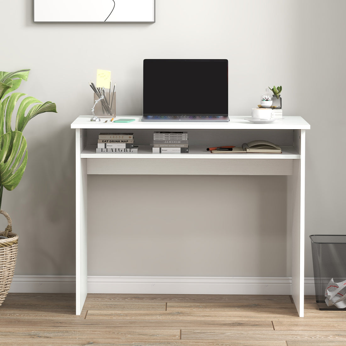 HOMCOM Modern Computer Desk, Home Office Table, Small Writing Desk with Storage Shelf, 90 x 50cm, White Wood Grain