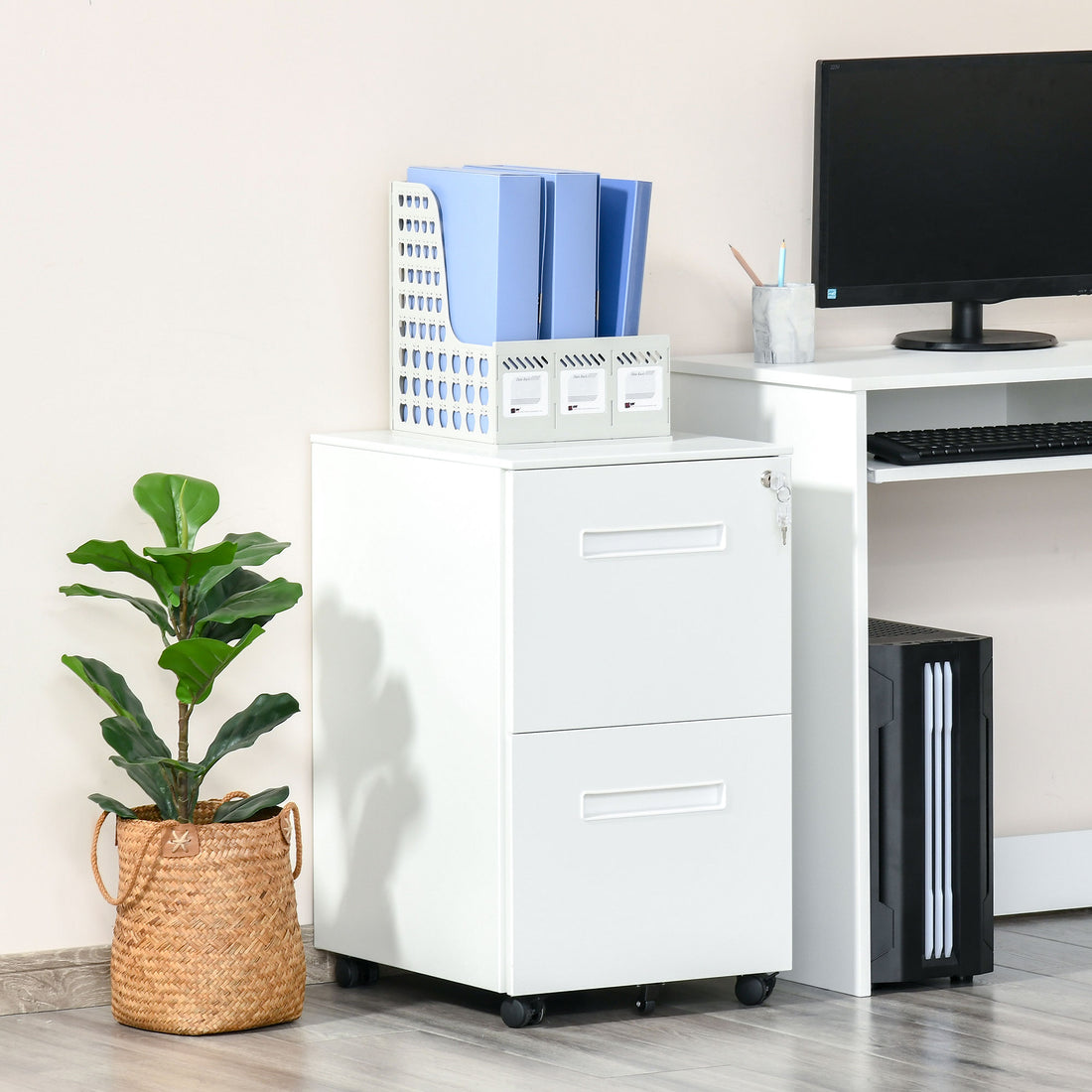 Vinsetto Metal Mobile File Cabinet with Wheels, Lockable 2 Drawer Filing Cabinet for A4, Legal, Letter, Compact Under Desk Storage Unit with Pre-Assembled Body for Home Office, 39 x 48 x 67cm, White