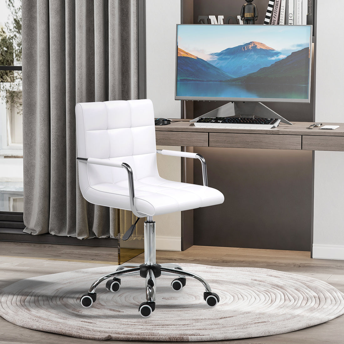 Vinsetto Makeup Vanity Chair, PU Leather Mid Back Office Chair with Adjustable Height, Armrest and Rolling Wheels, White