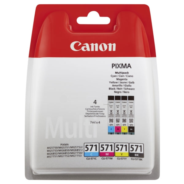 Canon CLI571 Black Cyan Magenta Yellow Standard Capacity Ink Cartridge 4 x 7ml Multipack - 0386C005