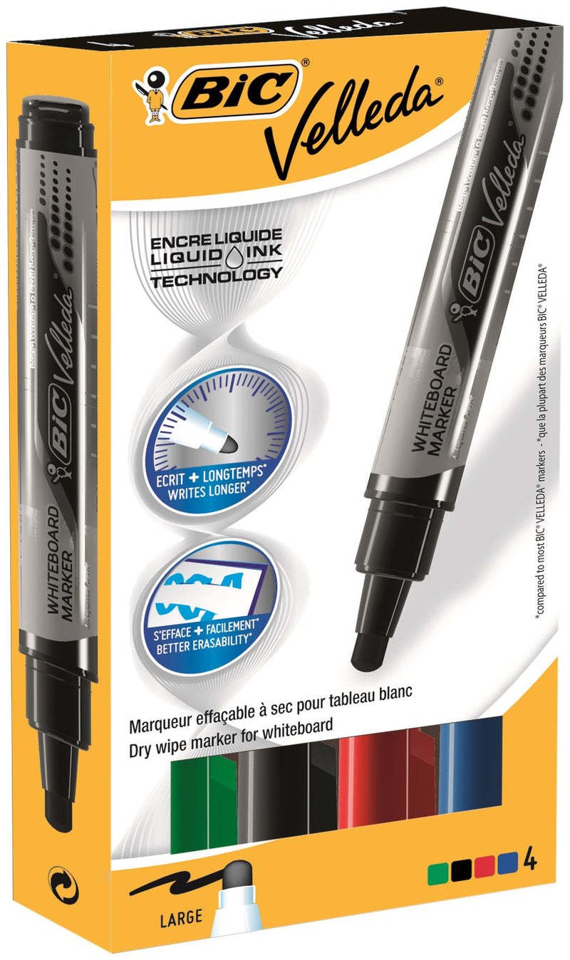 Bic Velleda Pocket Liquid Ink Whiteboard Marker Bullet Tip 2.3mm Line Assorted Colours (Pack 4)