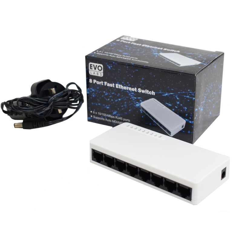 Evo Labs 8 Port 10/100 Mbps Fast Ethernet Network Switch with UK Power Supply (Retail Boxed)